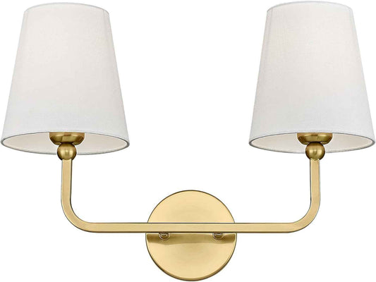 Brushed Gold 2-Light Bathroom Vanity Sconce with White Fabric Shade - Modern Wall Lighting for Hallway & Bedroom, Model VL837-BG
