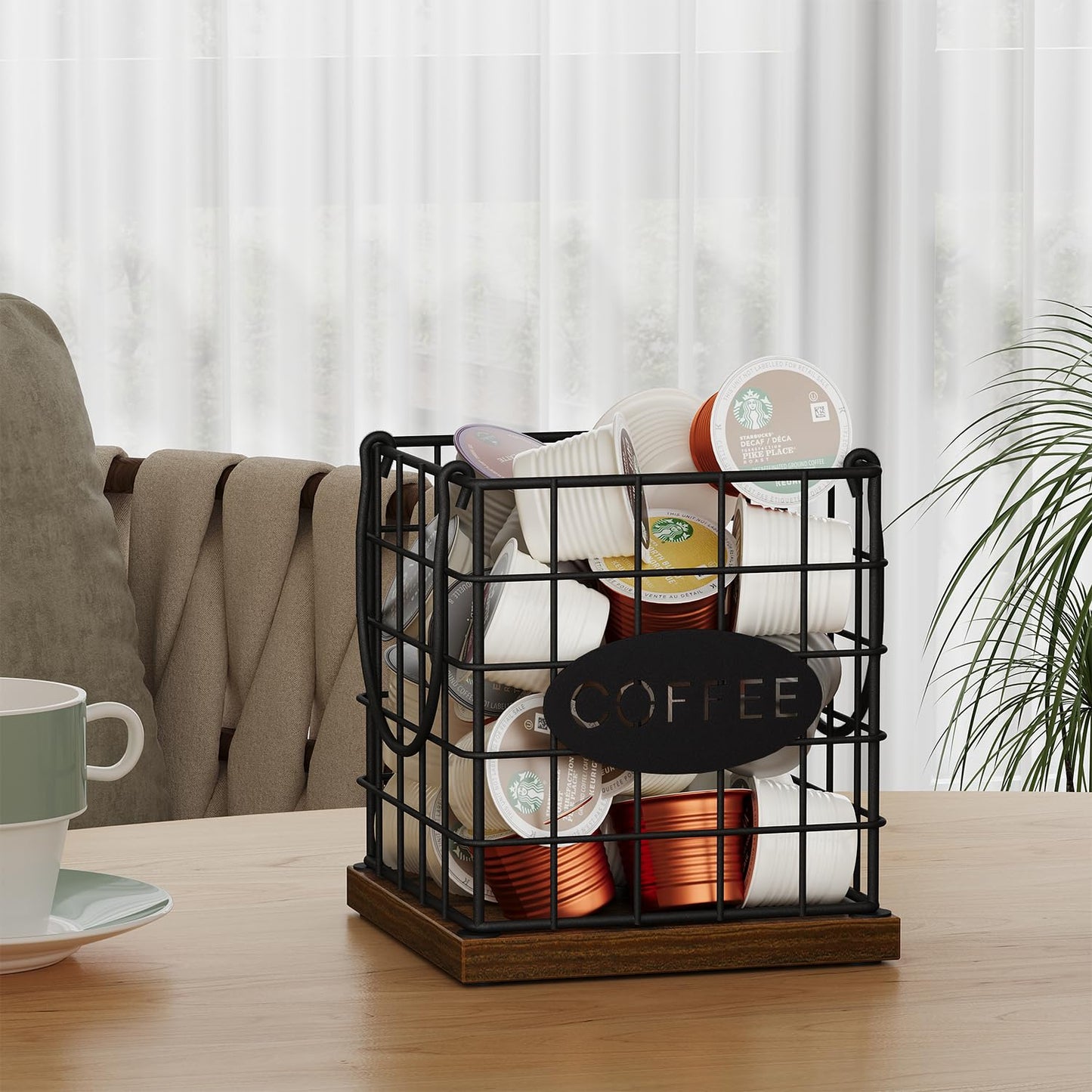 YINMIT K Cup Holder Organizer, Rustic Coffee Pod Holder Organizer, 35 Kcup Holder for Counter with Handle,Large Capacity Black Wire Coffee Capsule Basket for Kitchen Office Desktop (Square Grid)