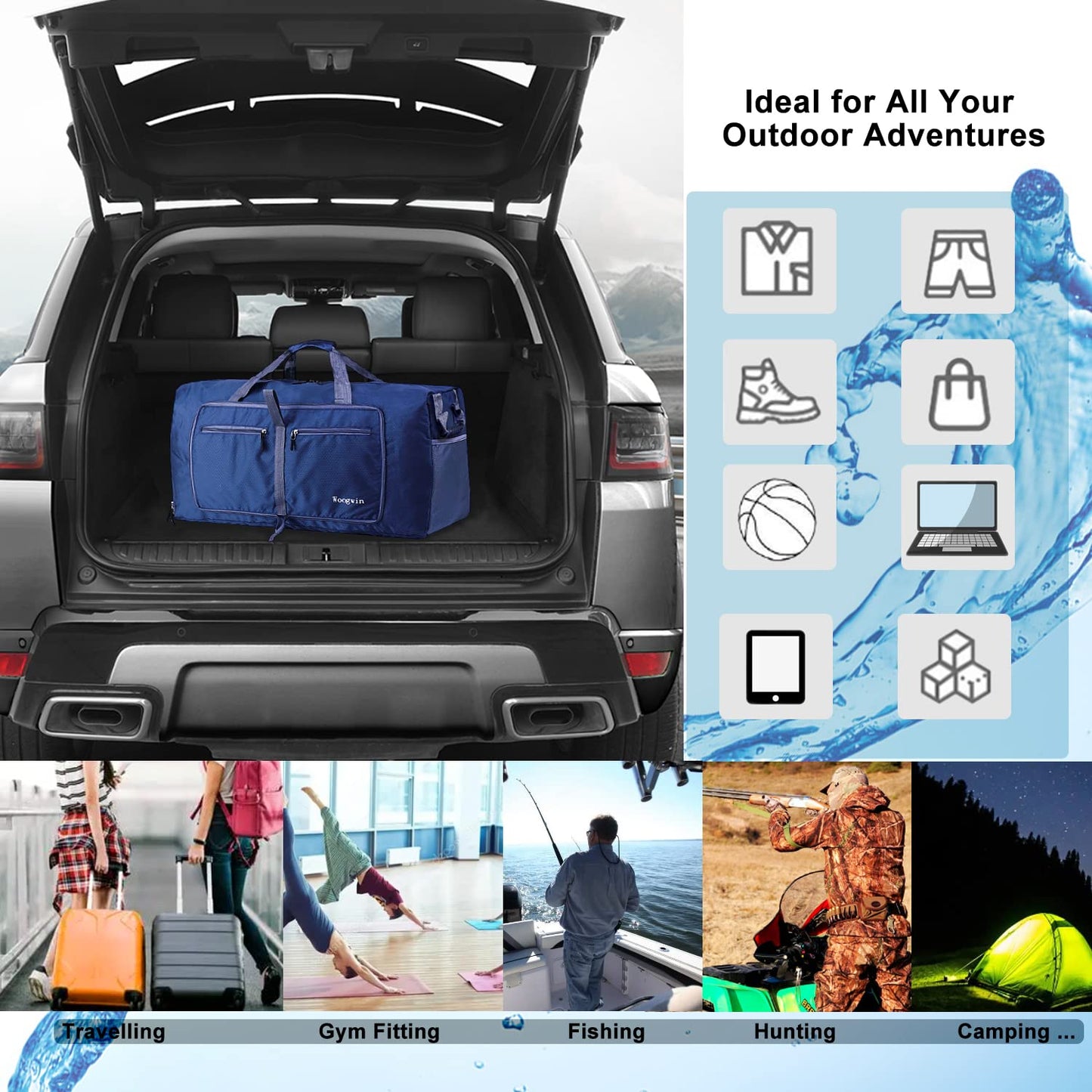 Woogwin Travel Duffel Bag Large Foldable Waterproof Overnight Bag for Beach Swim Bags Pool Sports Gym (150L Darkblue)