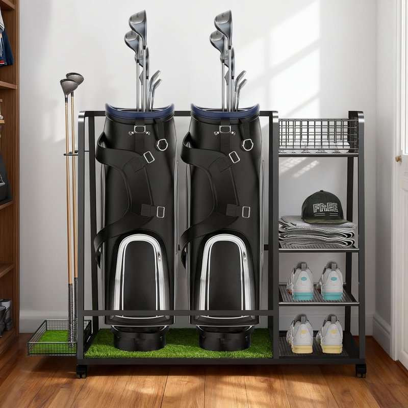 TooCust Golf Bag Storage Rack for Garage Fits 2 Bags, Heavy Duty Metal Golf Bag Organizer with Wheels, Freestanding Golf Club Rack for Equipment Accessories with Shelves & Protective Turf Mat