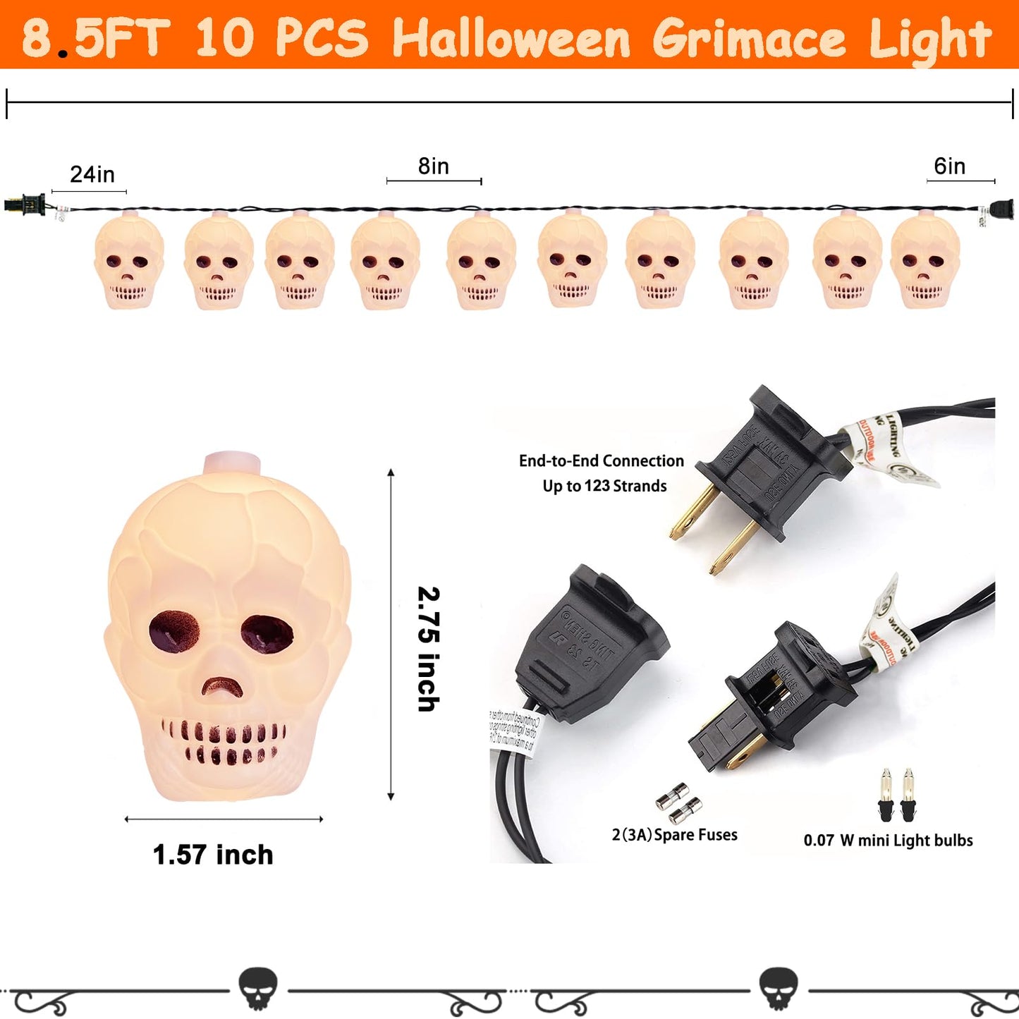 Skull String Lights - 8.5Ft Plug in String Lights Outdoor with 10 White Skeleton for Indoor/Outdoor Halloween Decoration, Hanging Ghost Head Lights for Party Patio Garden