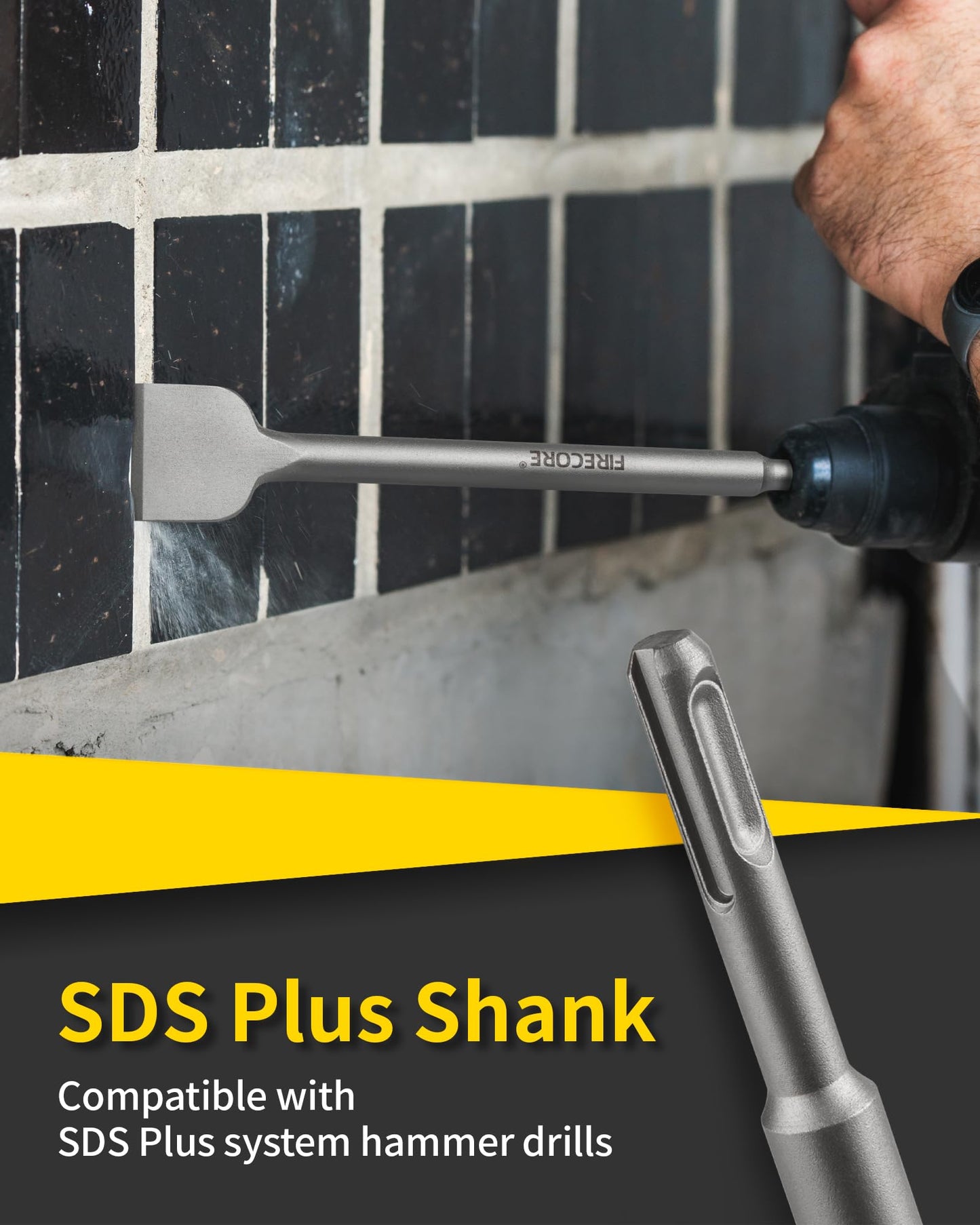SDS Chisel Set, Firecore 4pcs Tile Removal Chisel Bits for SDS Plus Rotary Hammer Drill Attachments, Alloy Steel Shovel for Demolition Chipping Grooving Scaling Removing Cement Thinset Mortar Vinyl