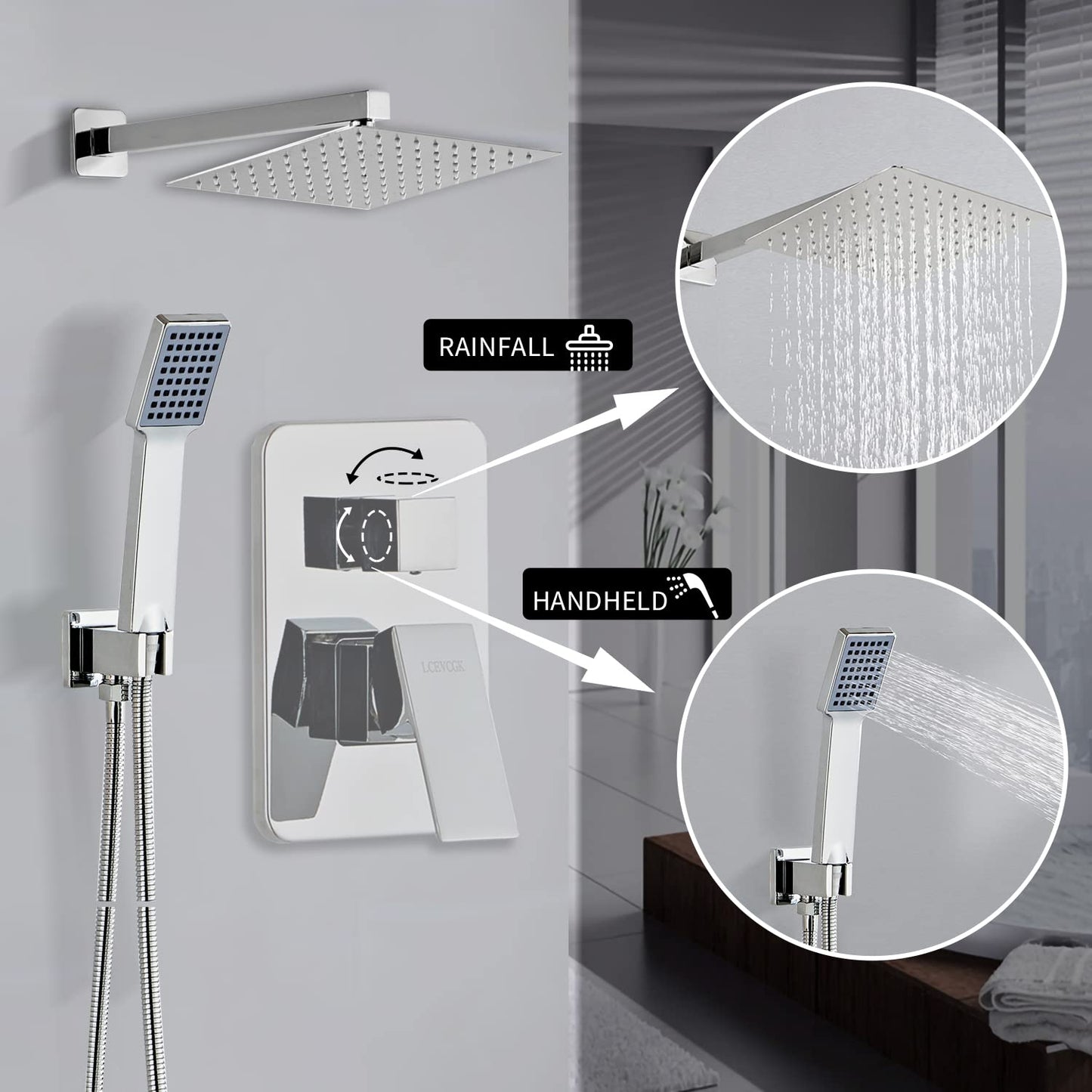 LCEVCGK Shower Head - Shower Faucet Set Square Shower Combo System with 8'' Rainfall Shower Head Wall Mount Handheld Shower, Stainless Steel with Chrome Finish Bath Shower Head,Chrome