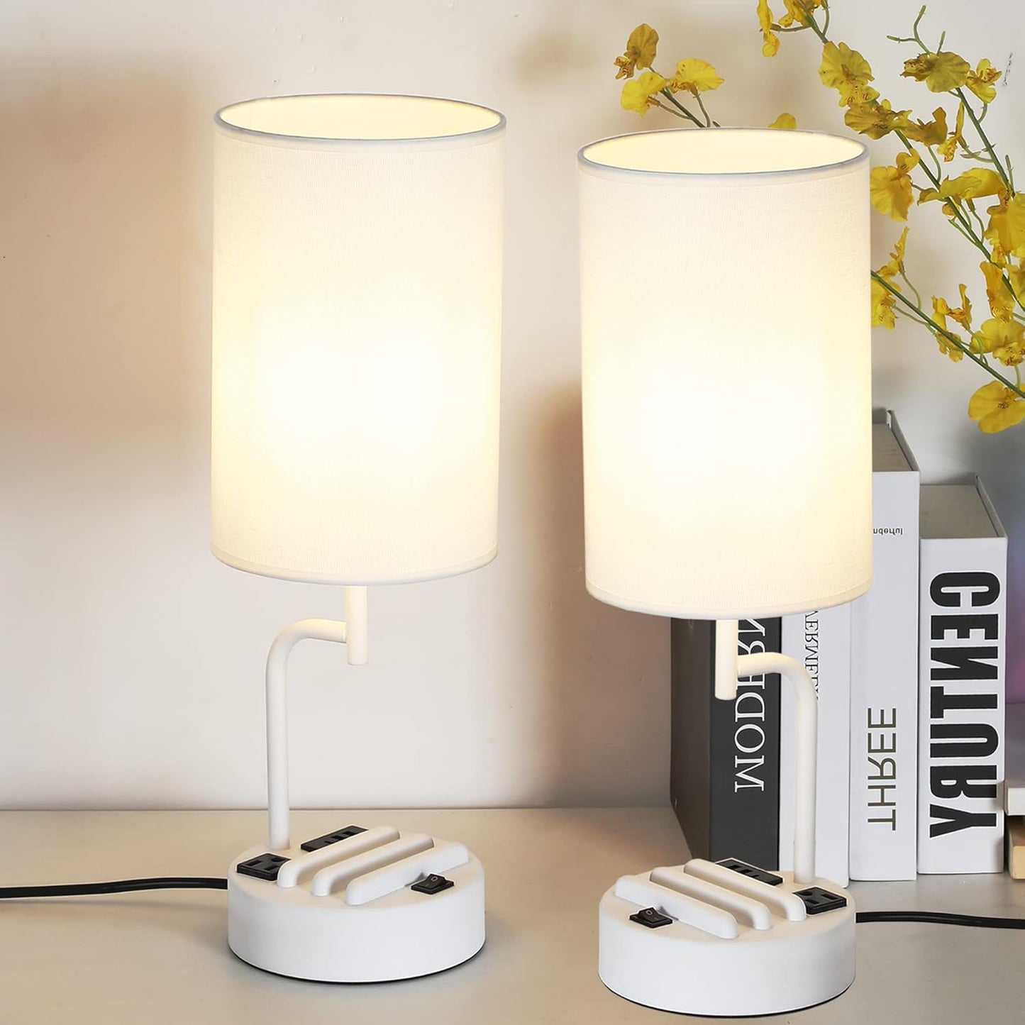 Modern Table Lamp with 3 USB Ports & AC Outlet - Set of 2 Bedside Desk Lamps in Silver