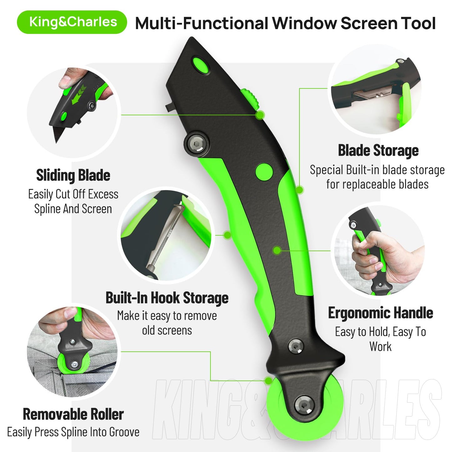 Versatile Screen Roller Tool, 3 in 1 Screen Spline/Repair Tool, Roller+Hook+Trim -3pcs Different Rollers with Bearing,Removal Hook-Foldable, 3pcs Blade-Storage,Replacement for Installing Window Mesh.
