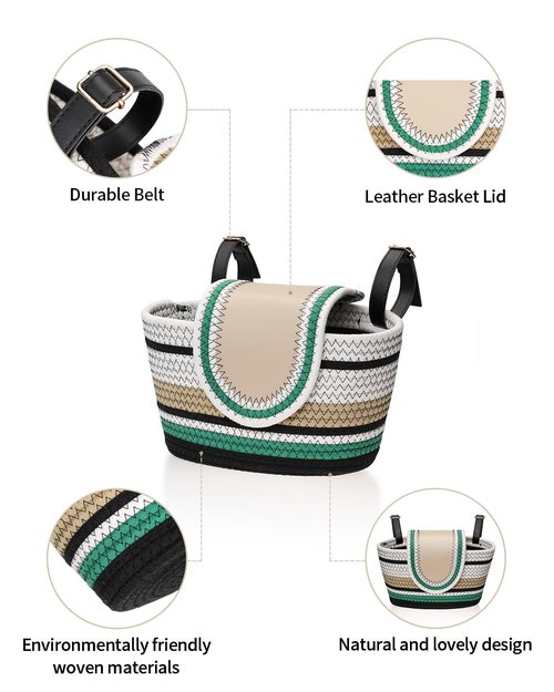 Handmade Bike Basket Front, Woven Bicycle Baskets for Adult Bikes, Rustic Detachable Handlebar Bike Basket for Women Girls with Leather Lid, Adjustable Leather Straps, Green
