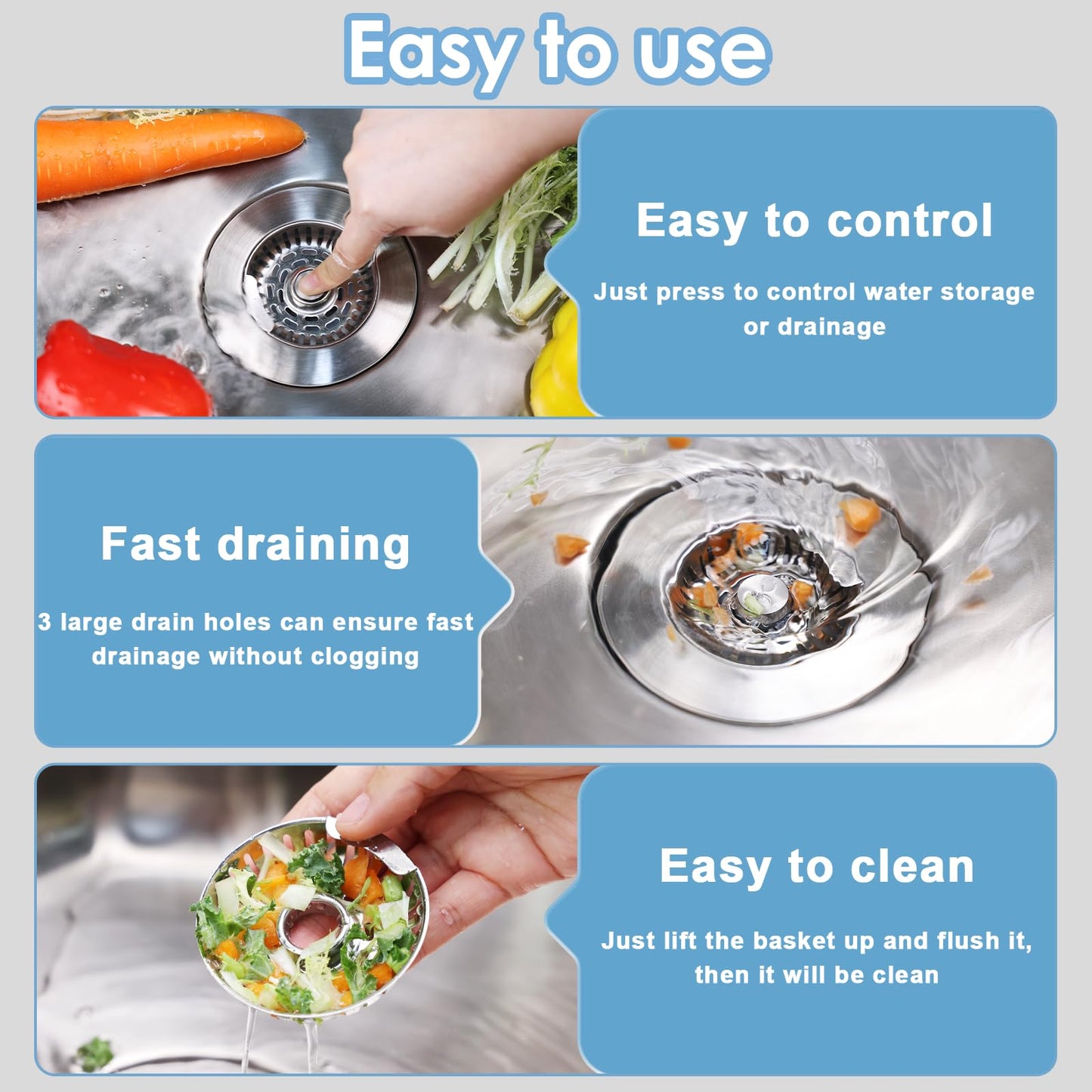 Semour 3 in 1 Kitchen Sink Drain Strainer, 304 Stainless Steel Kitchen Sink Stopper, Pop Up Kitchen Sink Strainer, Fast Drainage Anti-Clogging Sink Plug for US Standard 3-1/2 Inch Drain