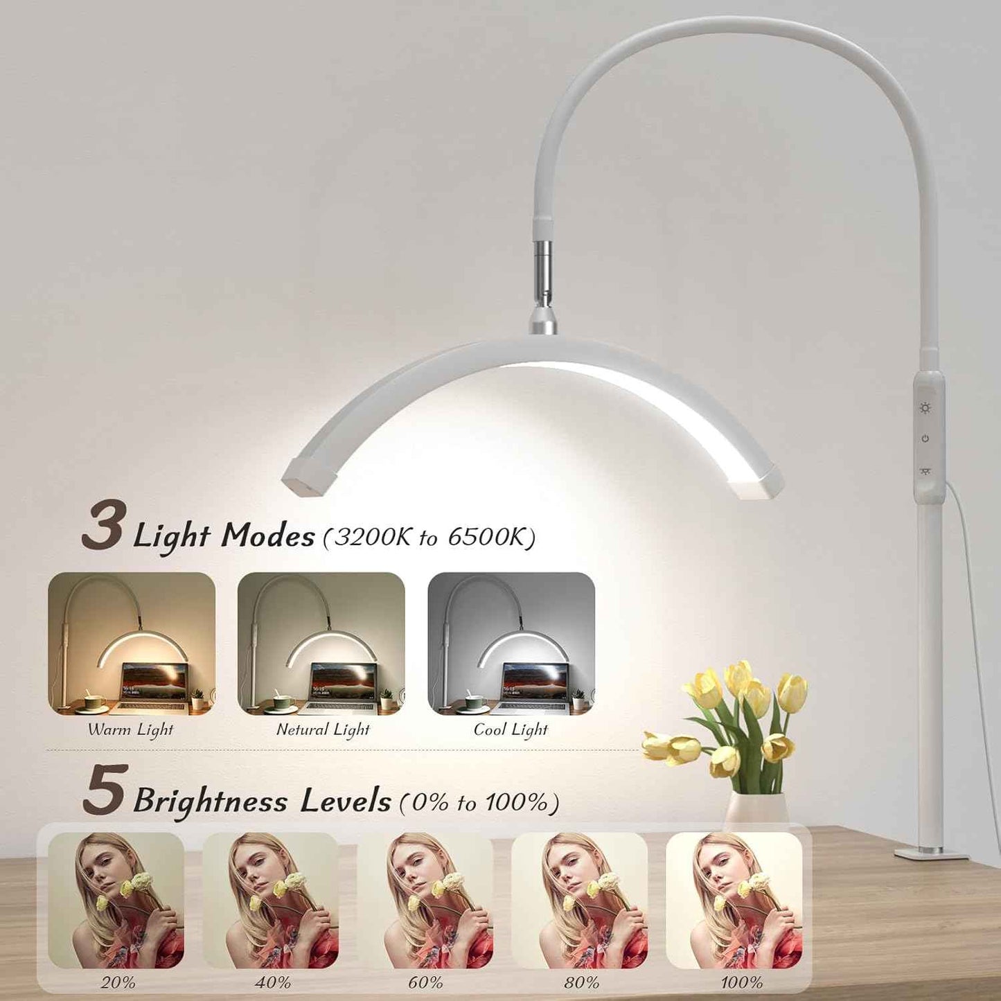 LED Half Moon Clamp Desk Lamp for Nail Art & Skincare - 5 Brightness Levels, Remote Control