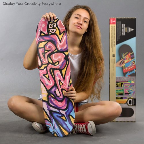 ARTEZA Customizable Skateboard Deck Art Kit – 31"x8" Matte Coated Maple Deck with Display Mount, Chrome Marker, White Pencil, Oil-Based Paint Markers & More
