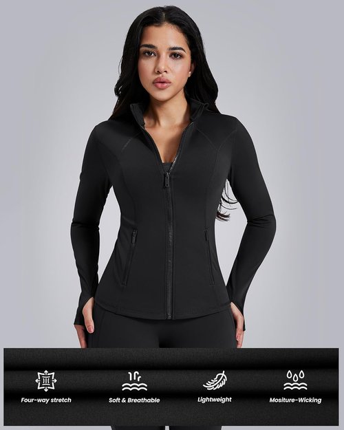 AVGO Women's Lightweight Athletic Workout Jacket - Slim Fit Zip-Up with Pockets & Thumb Holes