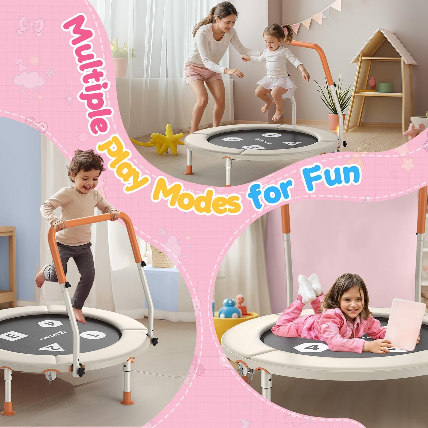 BCAN BT1 36'' Toddler Trampoline, ASTM Certified-Foldable Mini Trampolines for Kids Ages 1-6, Adjustable Handle, Safety Pad & Foldable Legs, Baby Trampoline Indoor/Garden, Gift for Boy and Girl, Beige