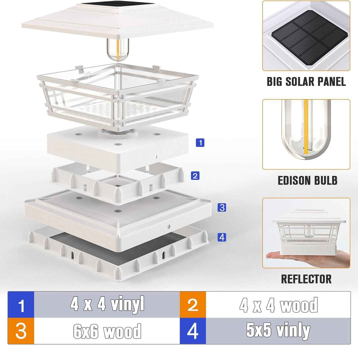 Solar Post Cap Lights 8-Pack - Adjustable Brightness Warm White, IP64 Waterproof, Vintage Edison Bulbs for 4x4, 5x5, 6x6 Fence & Deck Posts - Black
