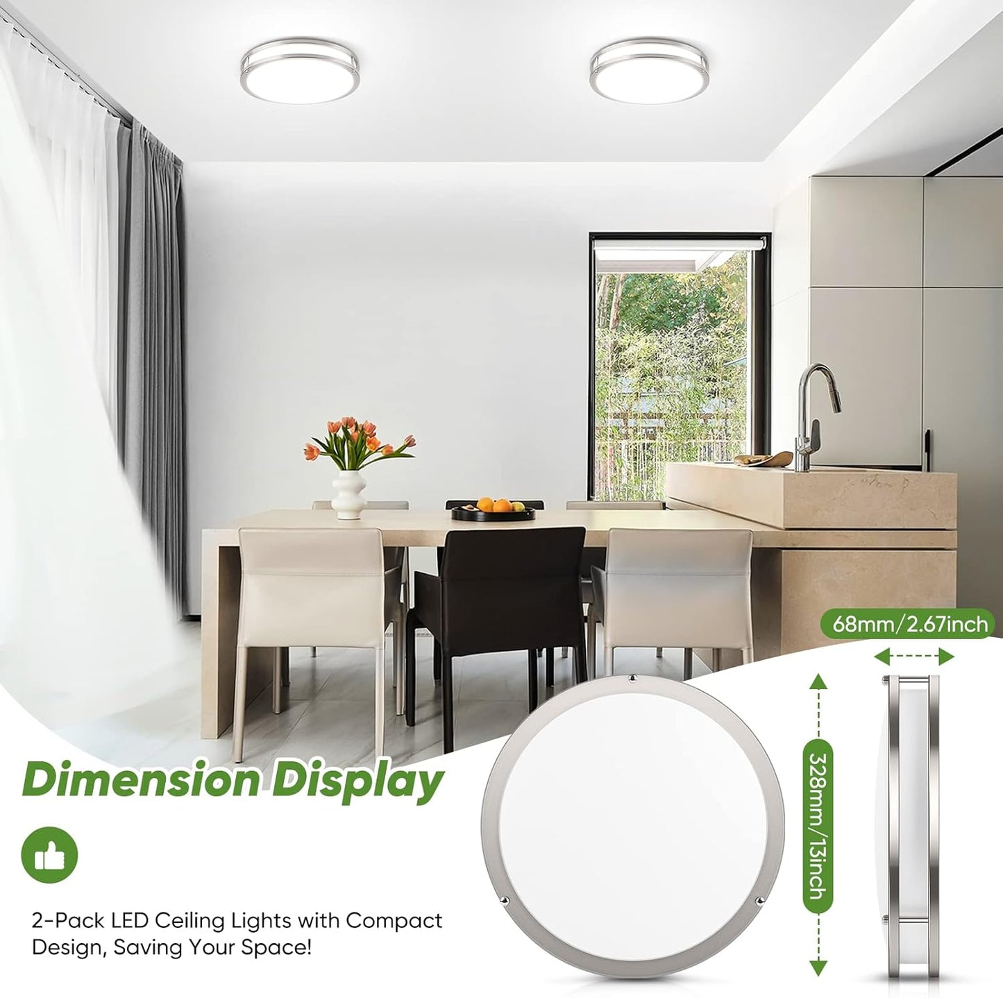 36W Dimmable LED Ceiling Lights - Super Bright Flush Mount Fixtures, 2-Pack, 13 Inch, Adjustable 2700K-6500K for Bedroom & Kitchen