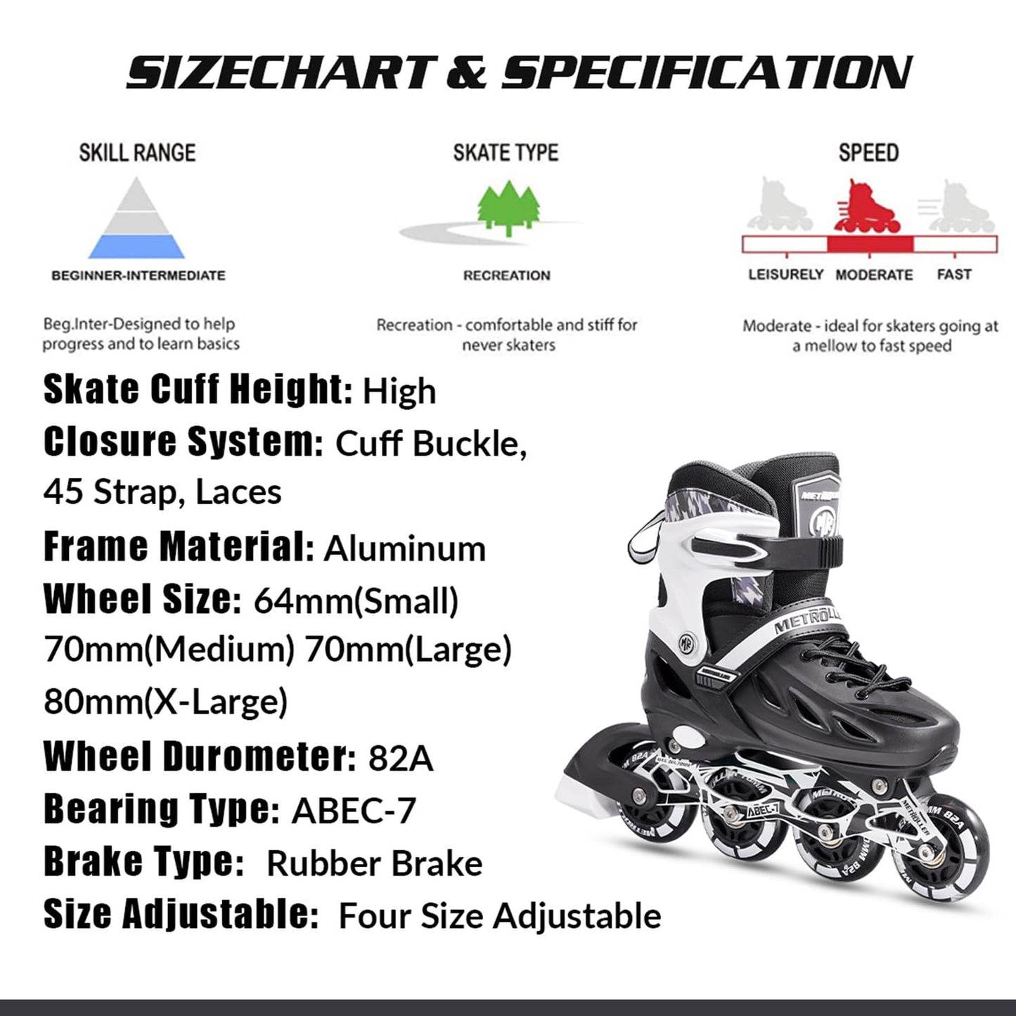 METROLLER Inline Skates for Girls and Boys, Women, Men 4 Sizes Adjustable Inline Skates with Light Up Wheels, Illuminating Beginner Skates for Kids & Adult Youth.