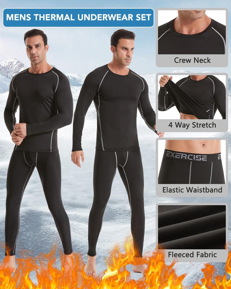 ATTIQOZI 2 Pack Thermal Underwear for Men Long Johns Fleece Lined Compression Pants Base Layer Cold Weather Top Bottom Black+Black(b) M
