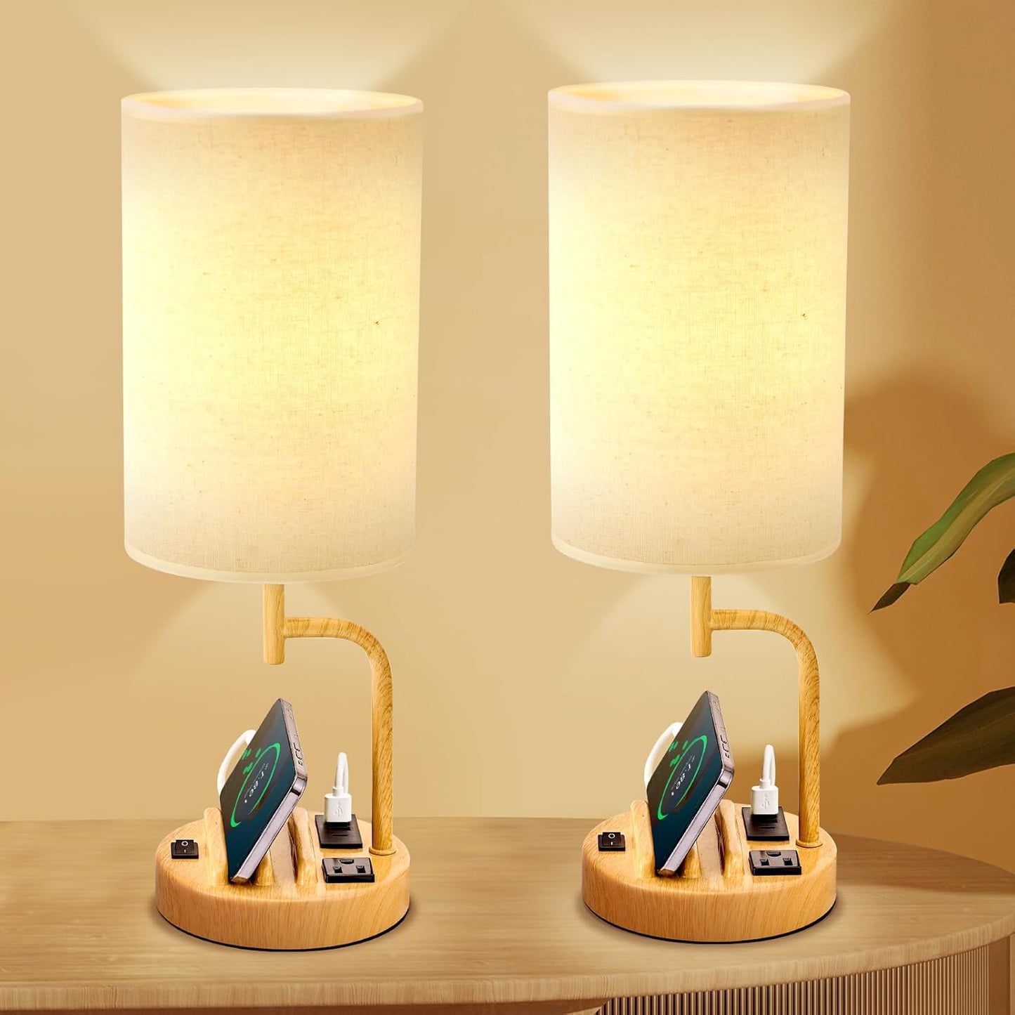 Modern Table Lamp with 3 USB Ports & AC Outlet - Set of 2 Bedside Desk Lamps in Silver