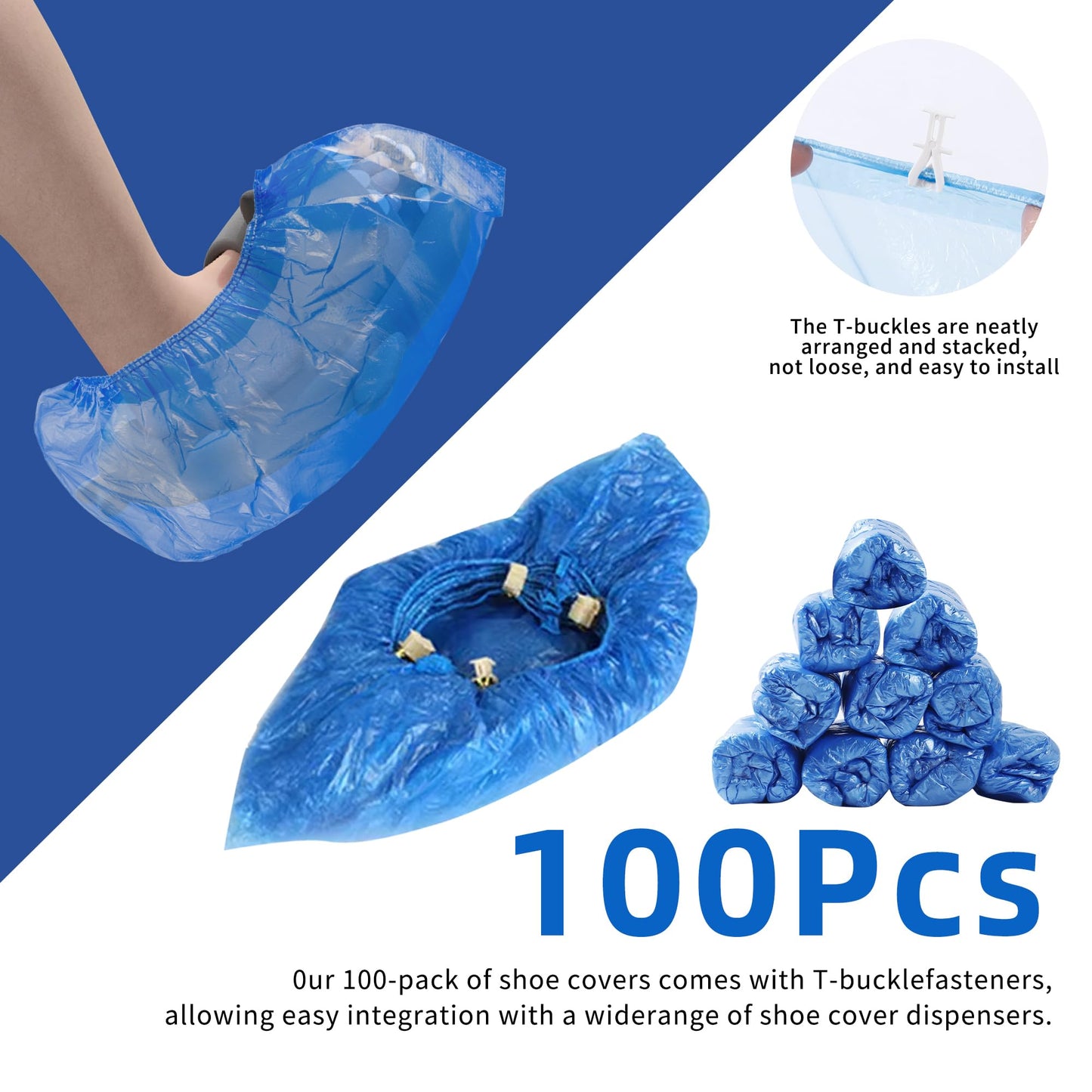 100 Pack of Disposable Shoe Covers for Indoors with T-buckle, Non-Slip Shoe Booties Covers for Automatic Shoe Dispensers, Can Be Used in Laboratories, Homes, Stores, and Other Public Places