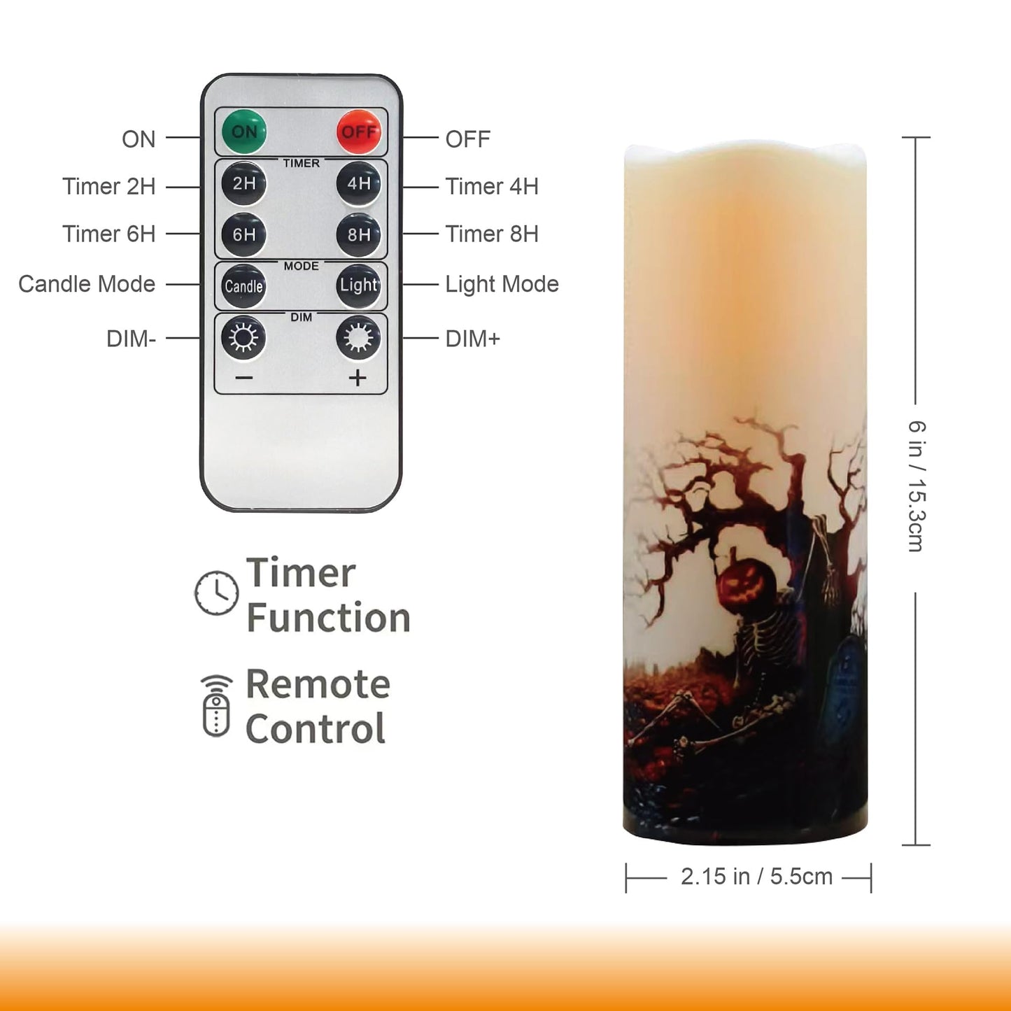 Halloween LED Flameless Candles, Gothic Design, Set of 6, 6x3 / 2.15 inch, Remote Control with Timer, Battery Operated (6, D 2.15 ")