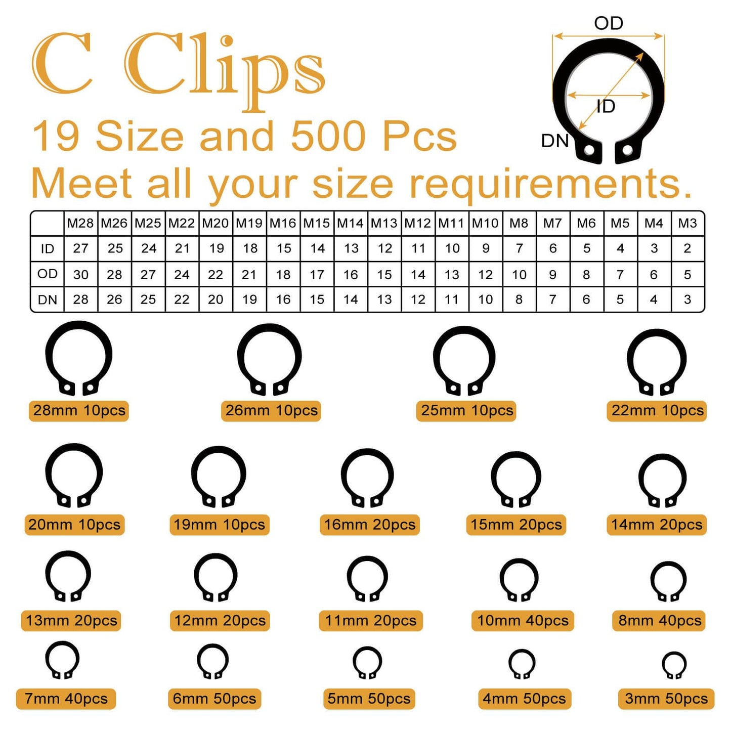 1000Pcs C Clips Assortment (M3-M28 19 Sizes) & E Clips Assortment Set (1.5mm-15mm 13 Sizes) | Black Carbon Steel Snap Rings Kit | Retaining Clip, Circlip, Fix-Rings for DIY/Industrial