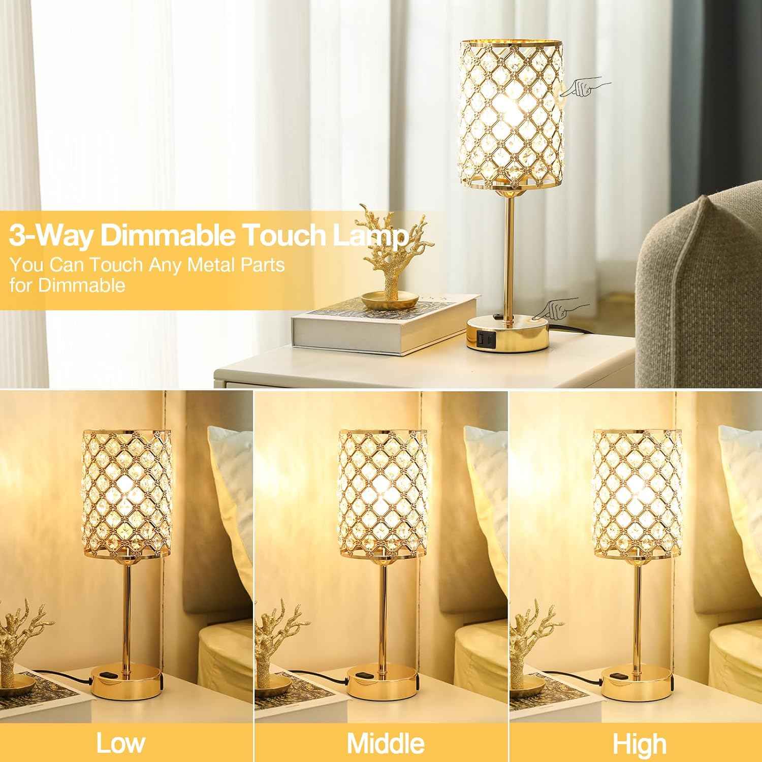 Dimmable Touch Control Crystal Table Lamp Set of 2 with USB-C & AC Ports - Elegant Nightstand Lighting for Bedroom & Living Room