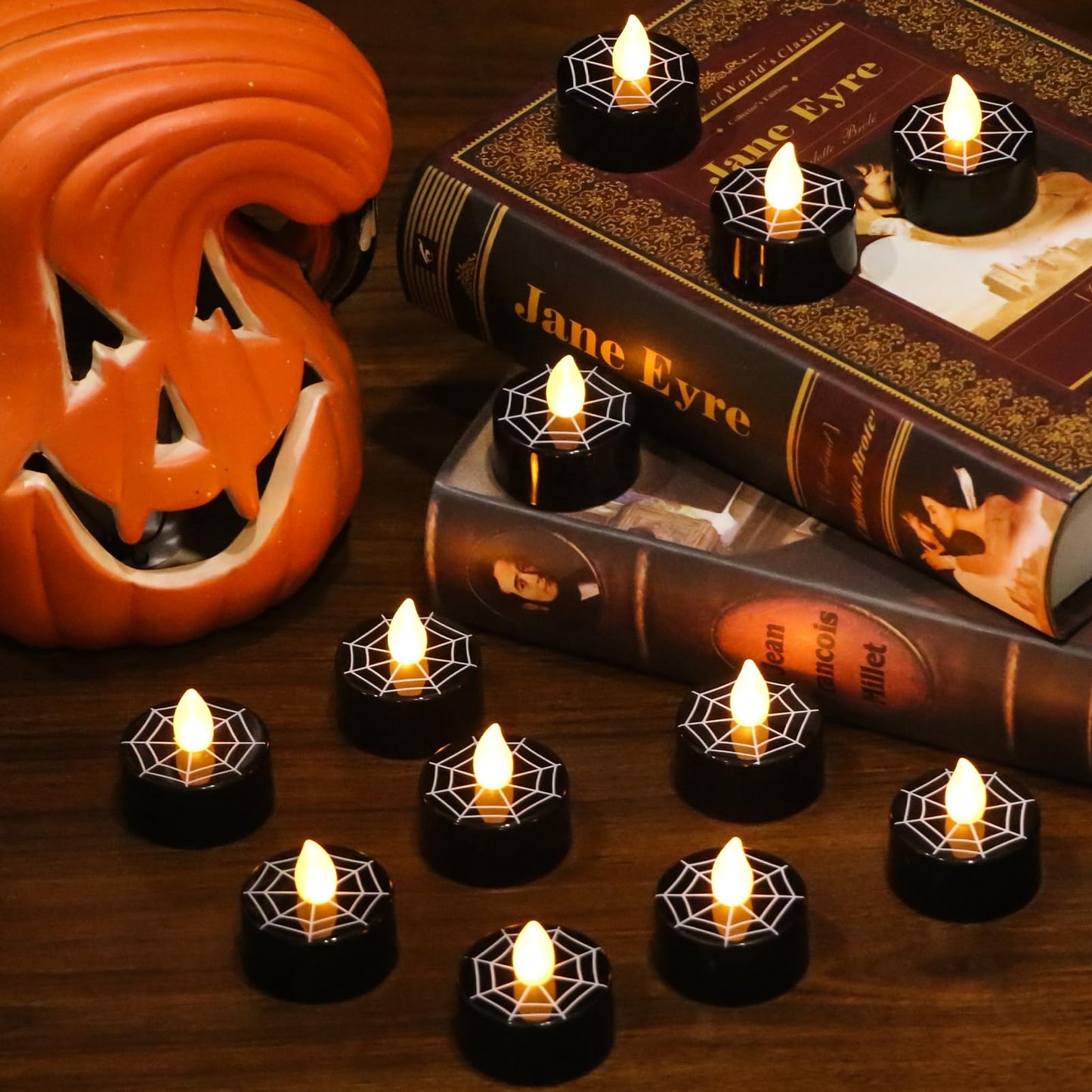 DRomance Halloween Flameless Votive Candles Battery Operated with 6H Timer, 12 Pack Black Spider Cobweb Decal LED Flickering Pumpkin Tea Lights Candles Fall Indoor Decoration(1.5" D x 1.4" H)