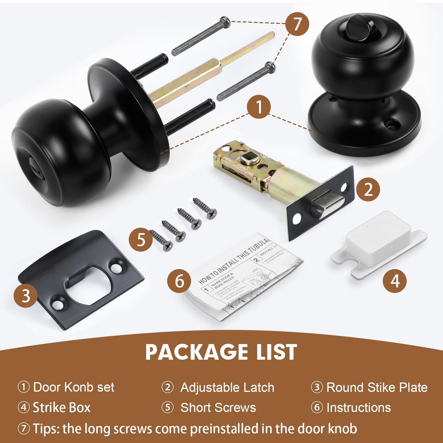 RAZCC Privacy Door Knobs, 1 Pack Matte Black Door Knobs with Lock, Bed and Bath Door Knob Interior Keyless Locksets, Round Door Handles Reversible for Left Right Handed Doors