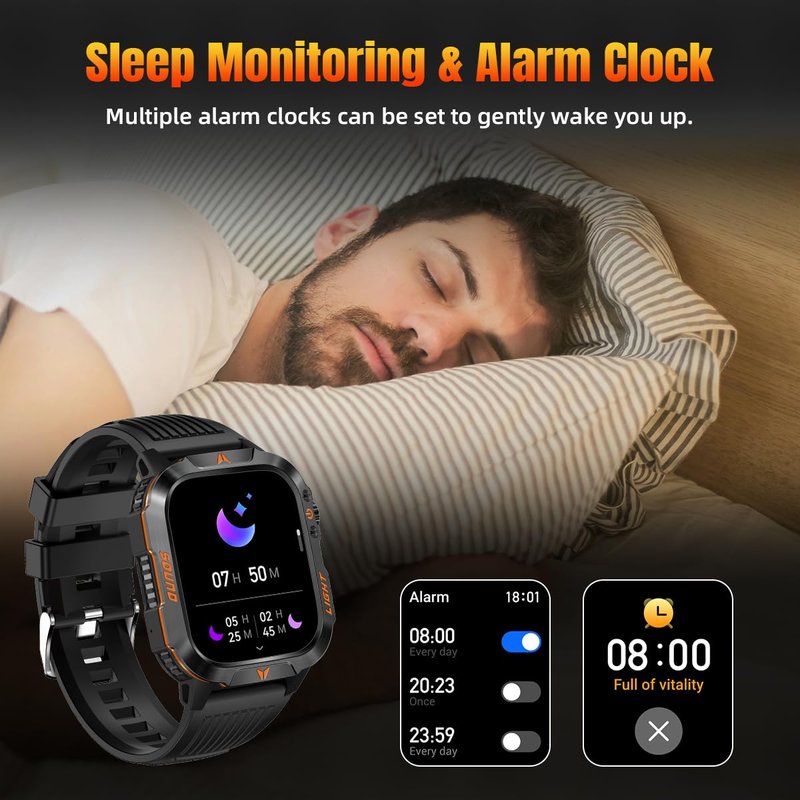 QTLLBT Men's Military Smart Watch HD Compass Altimeter Barometer Fitness Tracker Sports Watch Pedometer Mountaineering Watch Sleep Monitoring Function Men's and Women's Watches