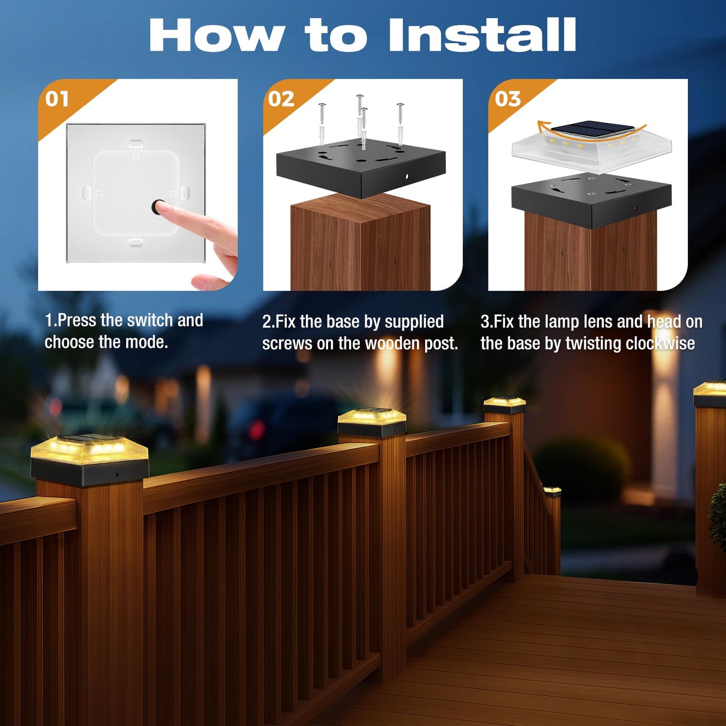 vighep 4x4 Solar Post Cap Lights Outdoor – 1 Pack Fence Post Light with 3 Color Modes, Waterproof Black Solar Powered Deck Lights for Wooden/Vinyl Posts Top, Garden