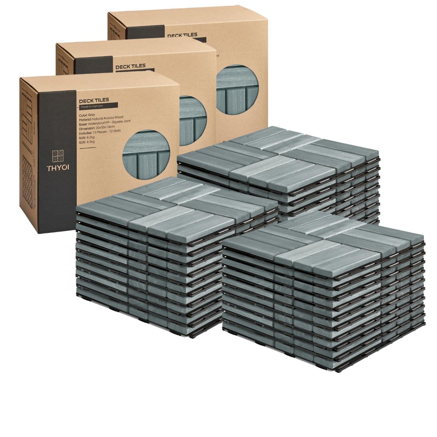 Outdoor Waterproof Acacia Wood Deck Tiles - 10 Pcs Patio Flooring for All Weather Use