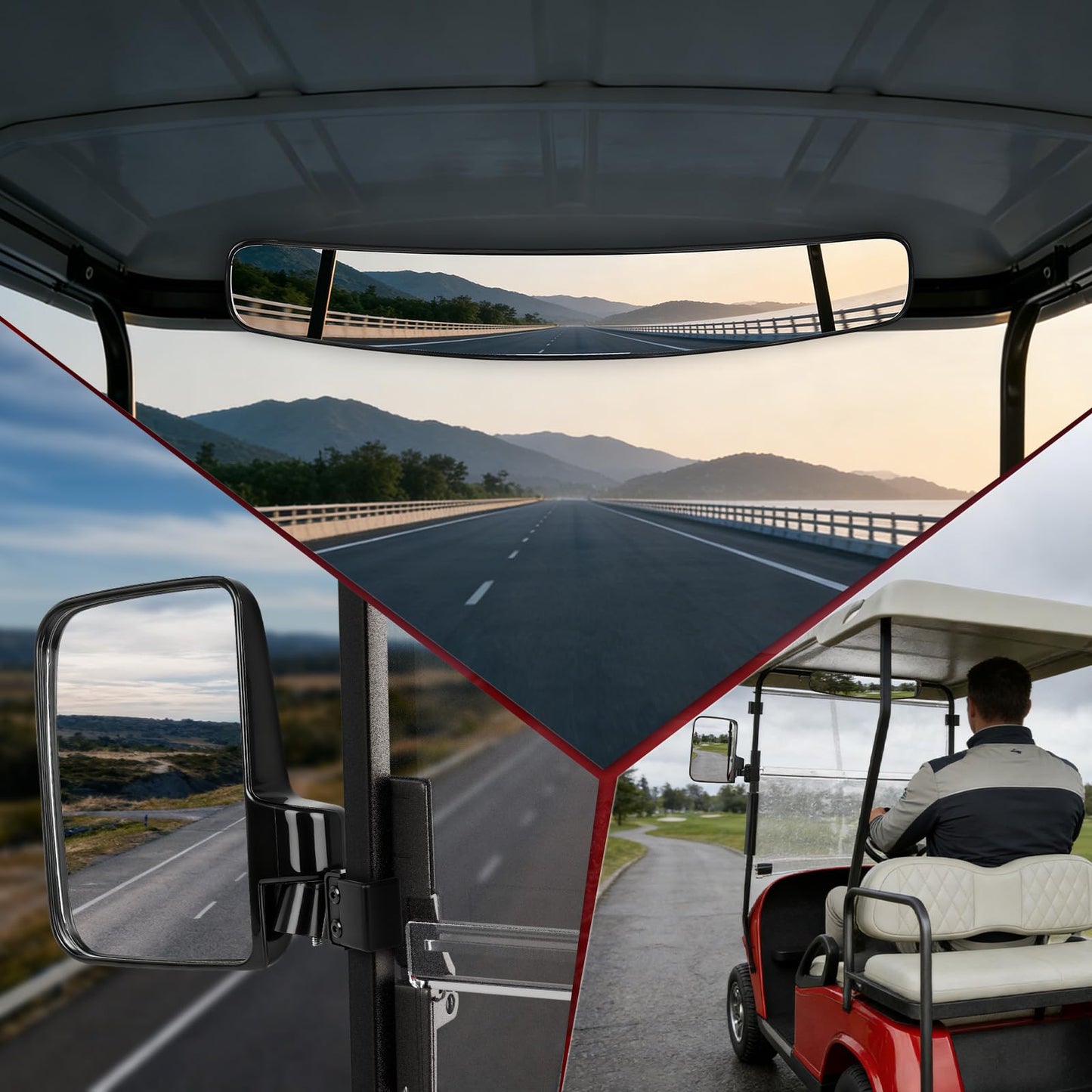 CASISPRO Universal Golf Cart Mirrors, No Drilling HD Shatterproof Glass Mirrors for EZGO Club Car Yamaha, Golf Cart Side Mirror & Rear View Mirror Kit, 180° Rotation, No Blind Spots