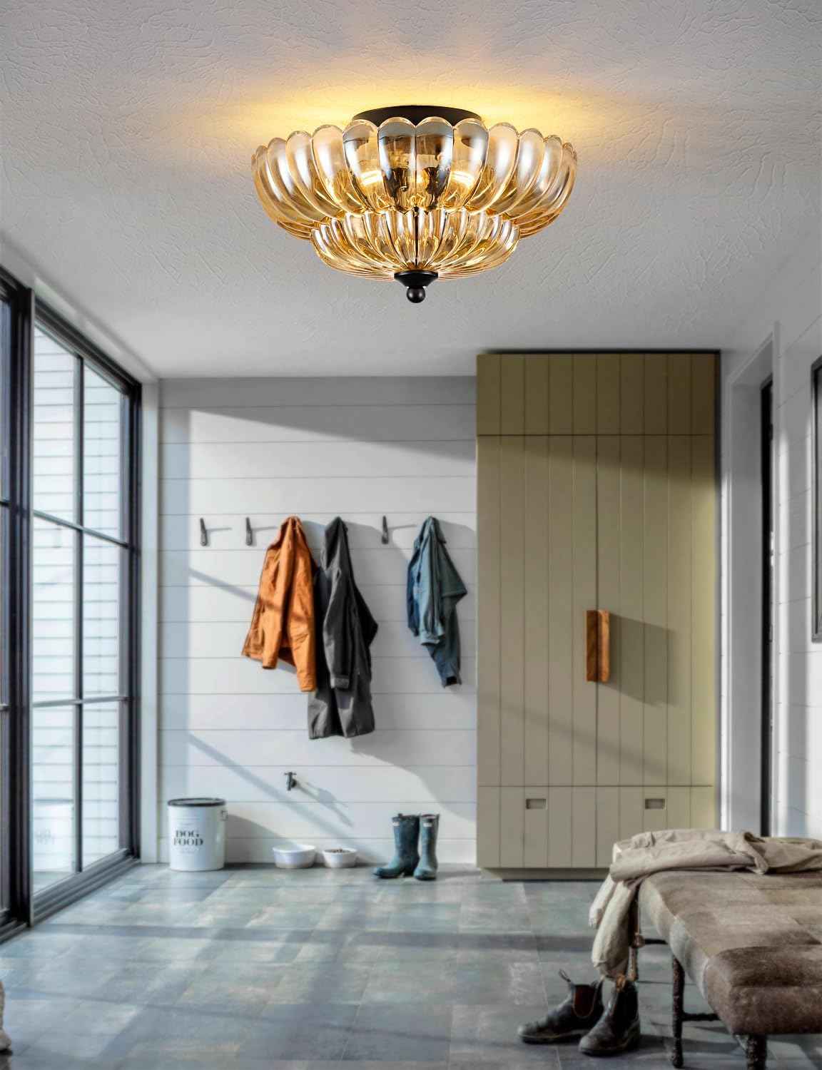 Modern 3-Bulb Semi Flush Mount Ceiling Light Fixture - Vintage Amber Glass for Bedroom, Kitchen, Living Room