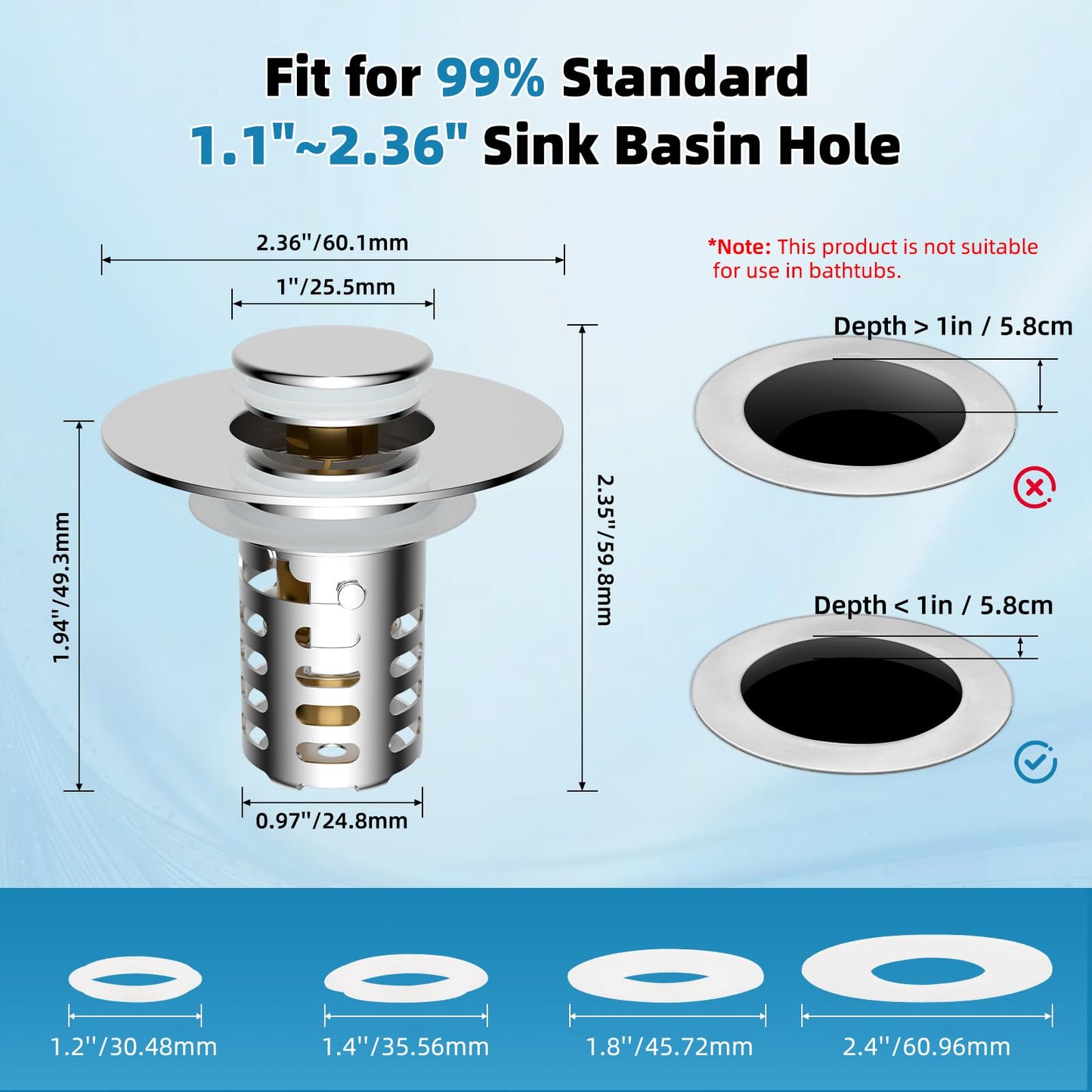 Universal Metal Bathroom Sink Drain Strainer Hair Catcher Upgraded 3 in 1 Pop-up Sink Stopper, with Detachable Stainless Steel Filter Basket, Fit for Standard 1.1''~2.36'' Basin Hole, Chrome