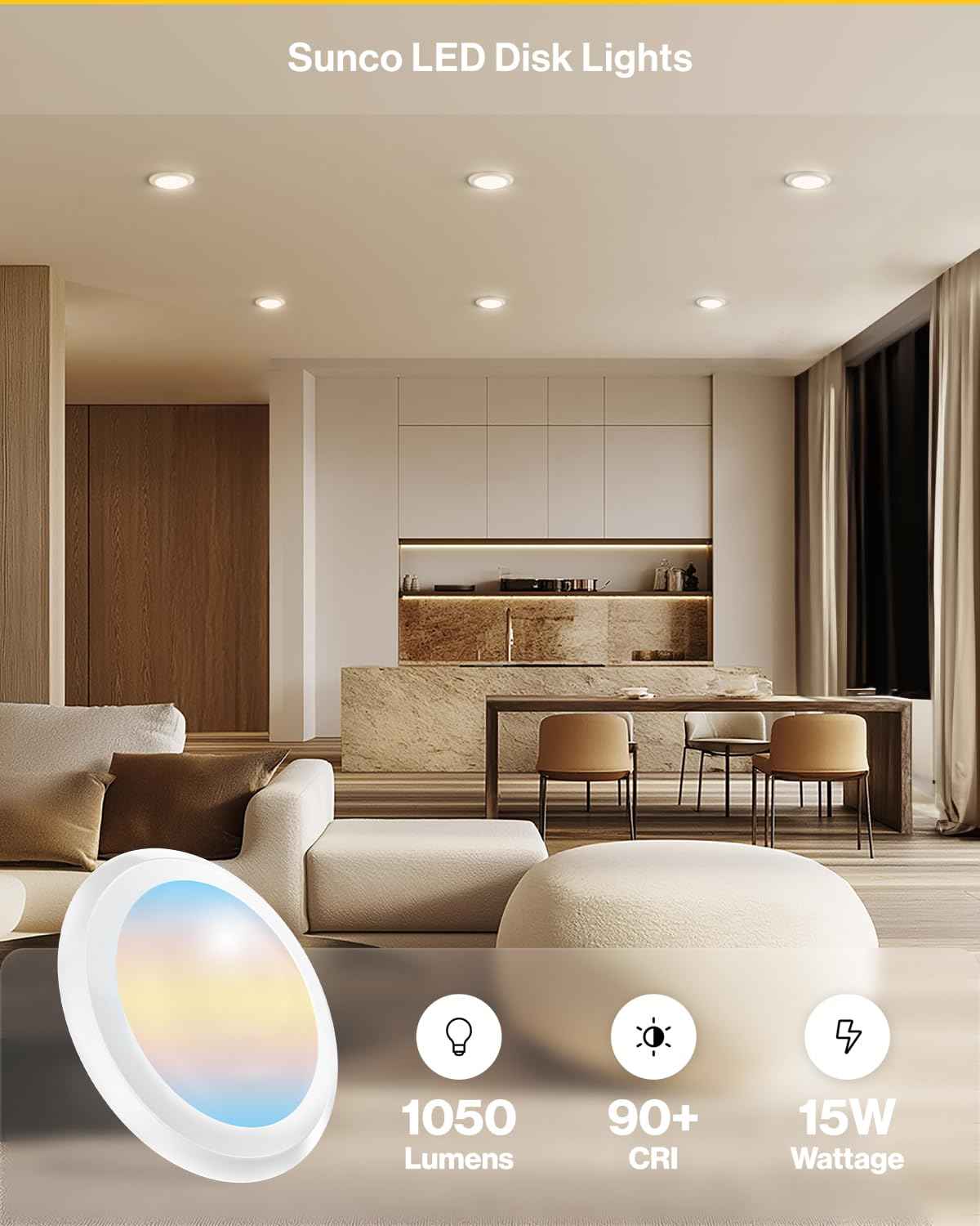 Sunco LED Disc Lights Ceiling 6 Inch, Flush Mount Disk Light, Recessed Can Lighting, 1050 LM, 15W (75W Equivalent), Selectable CCT 3000K/4000K/5000K/6000K/6500K, Dimmable, Damp Rated ETL 2 Pack.