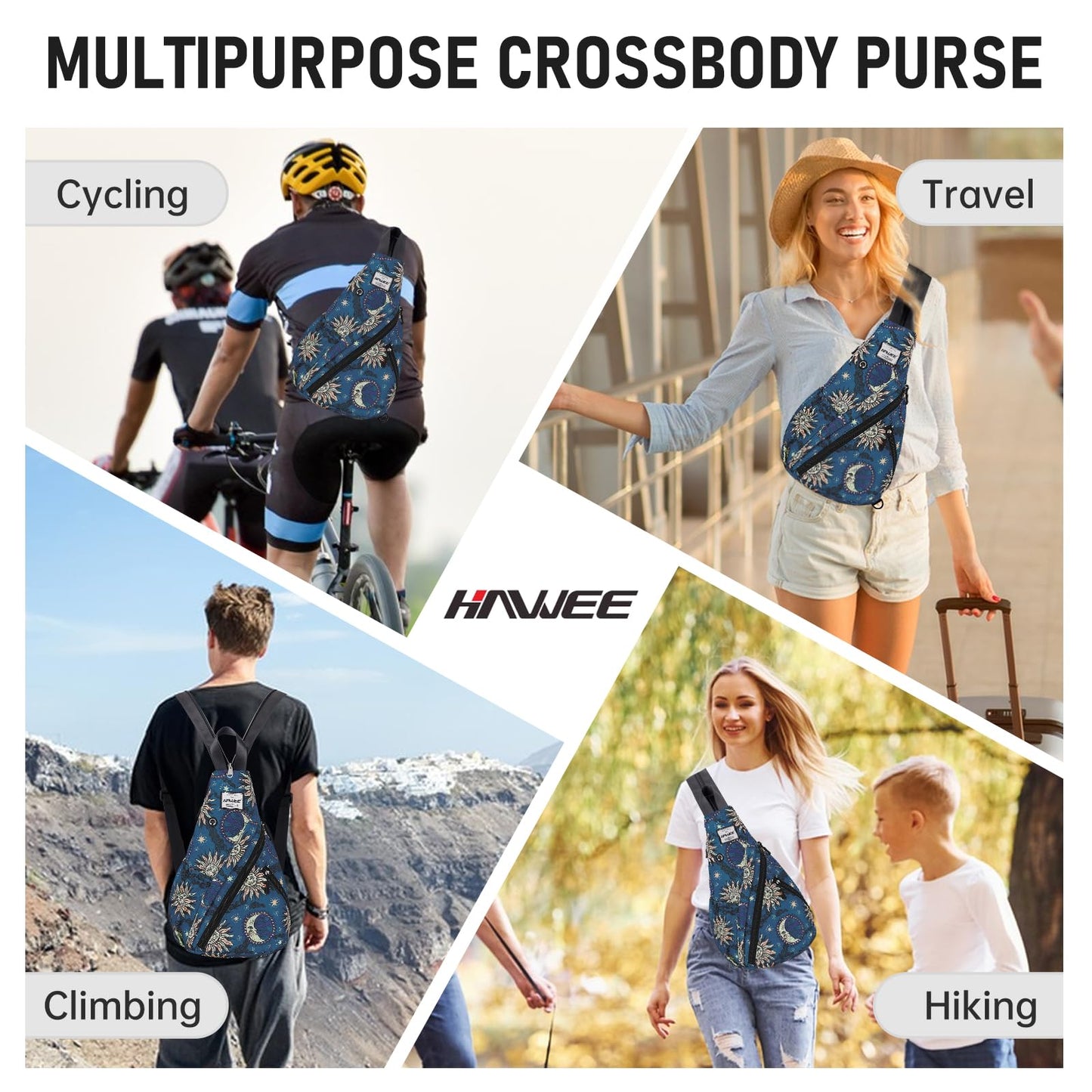 HAWEE Convertible Rope Sling Bag for Women - Water-Resistant Chest Bag & Casual Daypack, Lightweight Crossbody Backpack for Travel, Cycling, Sun and Moon