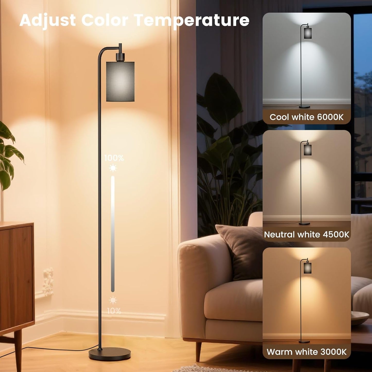 Dimmable Floor Lamp with Linen Shade & Remote Control - Modern 9W LED Standing Lamp for Living Room, Bedroom, Office