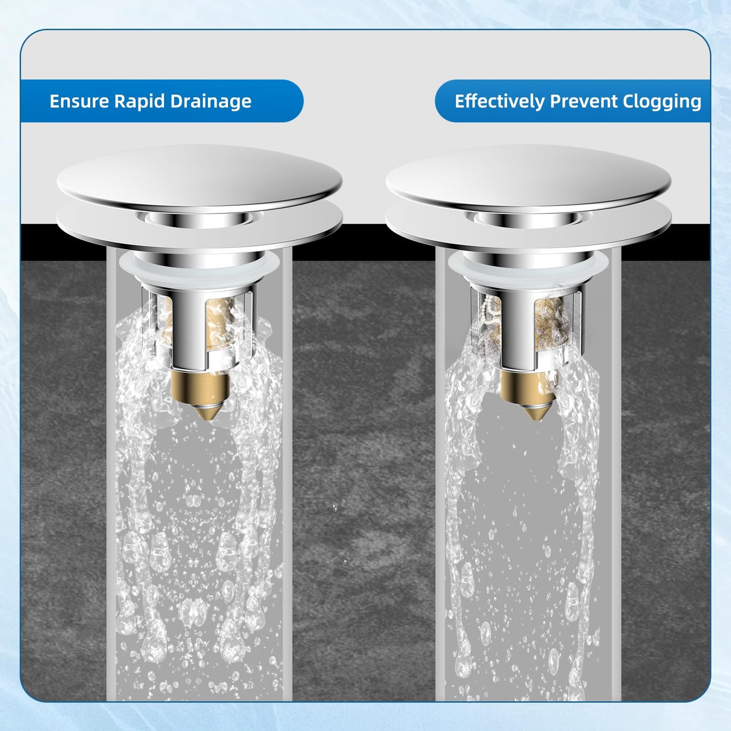 iFealClear Universal Bathroom Sink Stopper, Metal Pop Up Sink Drain Strainer with Detachable Hair Catcher, Fits 1.1"-2.36" US Basin, Wash Basin Drain Plug with Big Cover Cap, Brass Bounce Core, Chrome