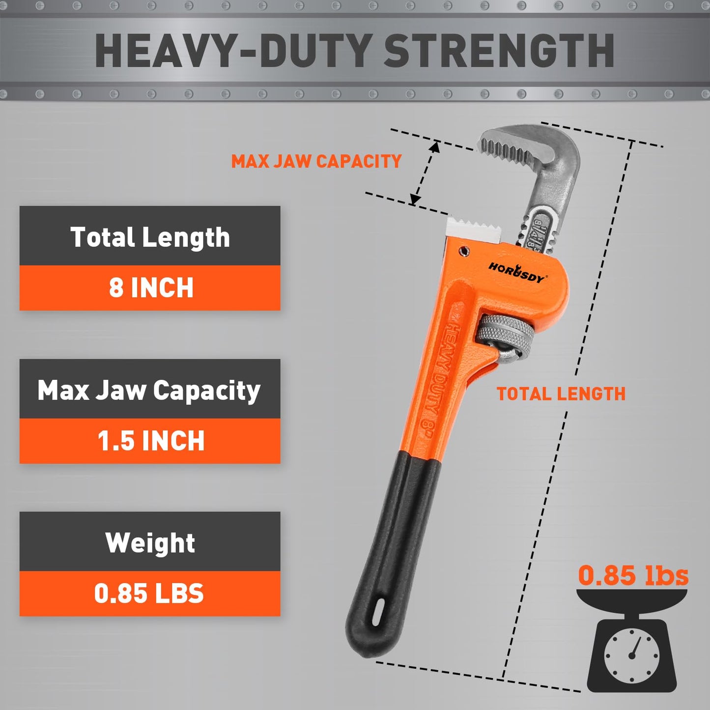 HORUSDY 8-Inch Heavy Duty Straight Pipe Wrench, Quick-Adjust Sturdy Plumbers Wrench with Soft Grip Handle, Straight Jaw Plumbing Tool for Pipe, Household Use, Vehicle Repair