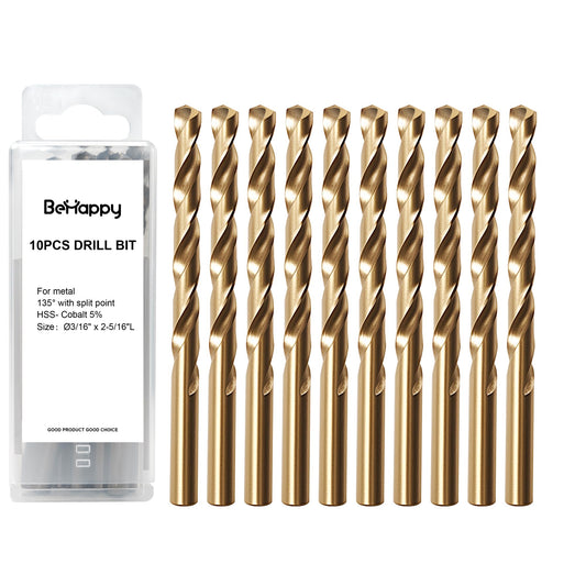 BeHappy 3/16" Cobalt Drill Bit Set (10Pcs), M35 HSS, 135 Degree Tip, Twist Jobber Length for Hardened Metal, Stainless Steel, Cast Iron, Wood, and Plastics, with Index Storage Case