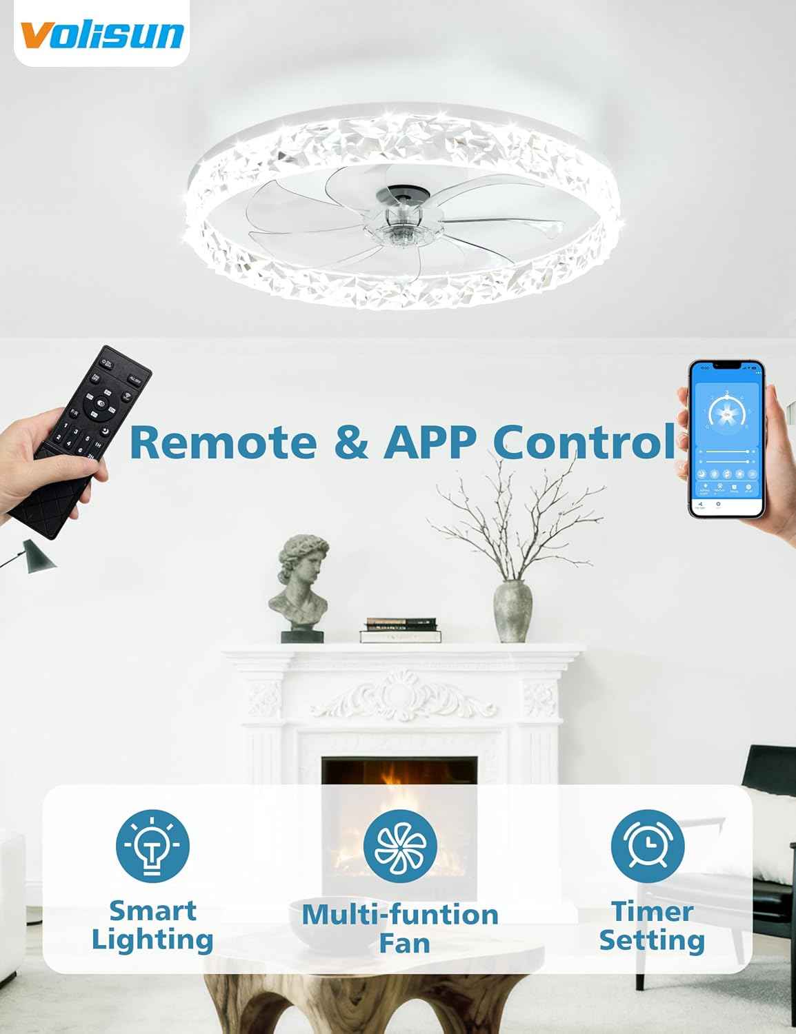 Modern Bladeless Ceiling Fan with Light & Remote - 15.7in Low Profile Fandelier, Dimmable 3000K-6500K for Bedroom