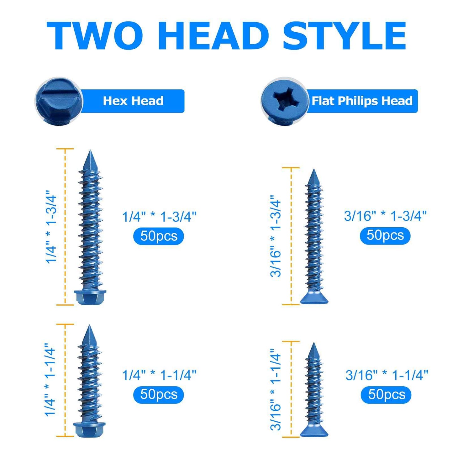 200PCS Concrete Screws Assortment Kit, 1/4 3/16 Masonry Screws with Drill Bit and Driver Bit, 4 Size Flat & Hex Head Cement Screws and Anchors, Diamond Point, Self Tapping Concrete Brick, Blue Coated