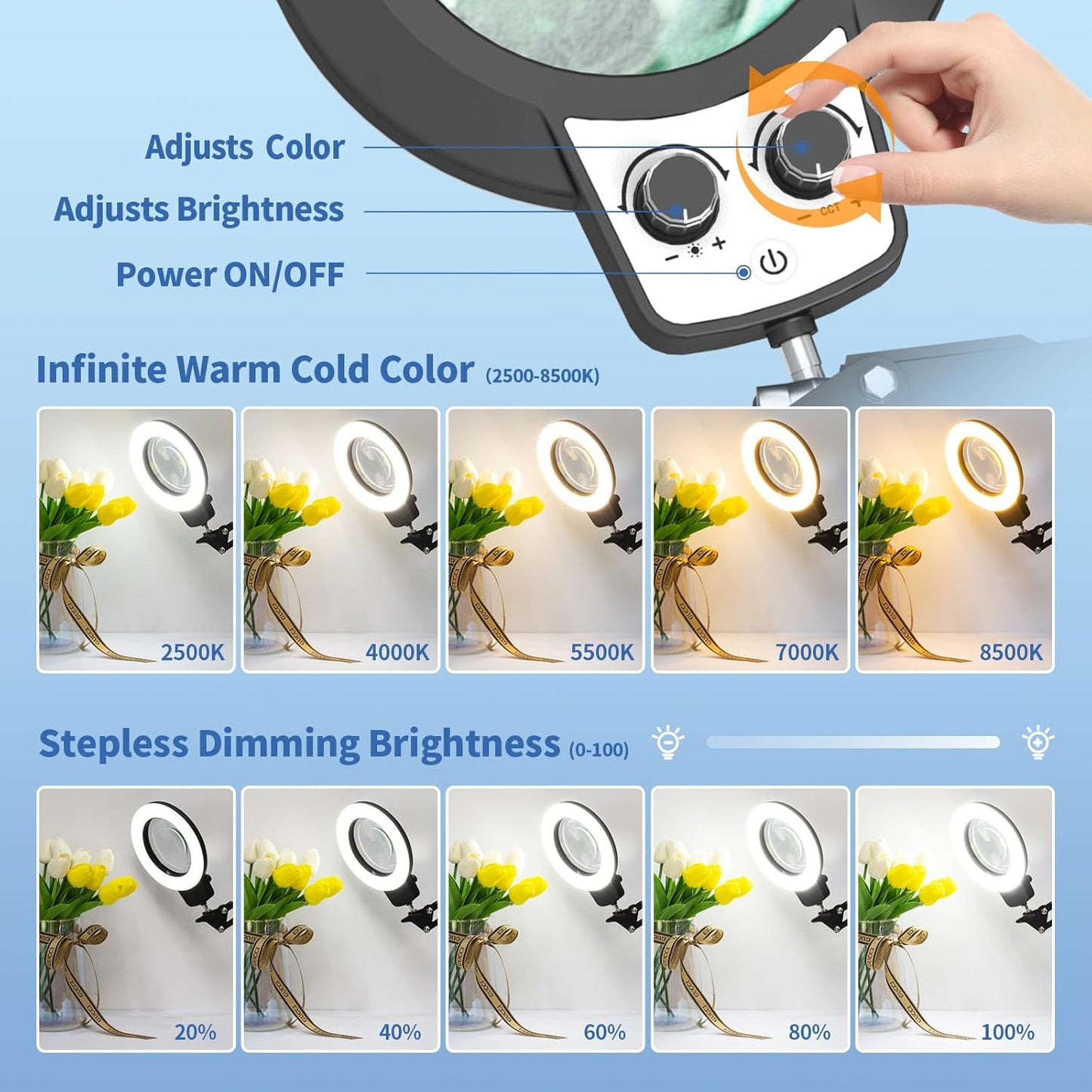 12X LED Magnifying Glass with Light & Clamp - Hands-Free Desk Lamp for Crafting & Reading
