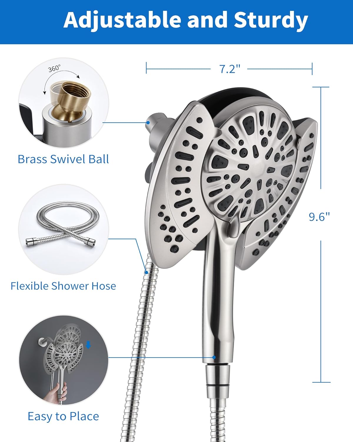 2.5GPM 7.2" Rainfall & Handheld Shower Head Combo with 60" Stainless Steel Hose