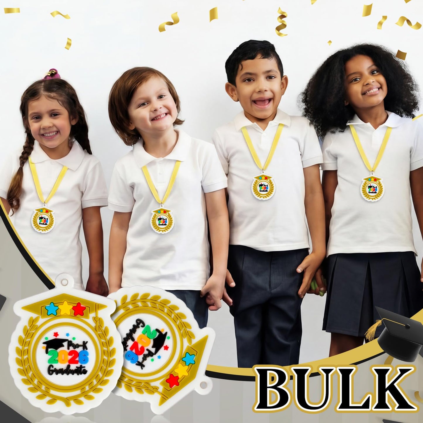 Sratte 24 Pcs Kindergarten Prek Preschool Graduation Medals for Kids, Bulk Kinder Pre-k Graduation Gifts with Yellow Ribbon, End of Year Student Gifts Party Favors Supplies, 2 Inch (2026 Graduate)