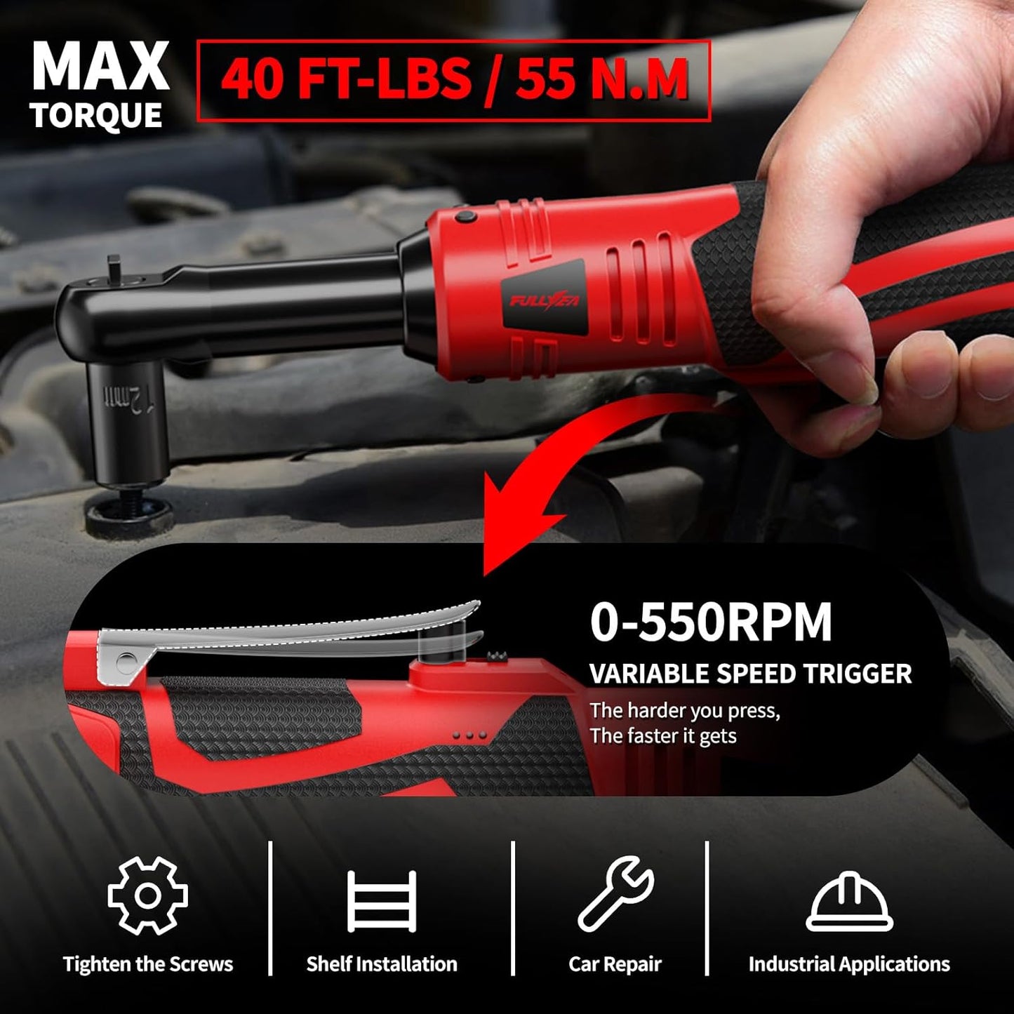 18V Cordless Electric Ratchet Wrench Set - 550 RPM, 3/8" with 7 Sockets, LED Light & 2.0Ah Battery