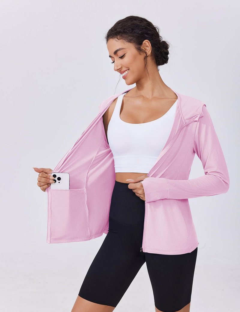 PINSPARK Women's UPF 50+ Sun Protection Jacket Hooded Full Zip Up Lightweight Sports Jackets with Thumb Holes Long Sleeve Gym Tops with Pockets Pink XL