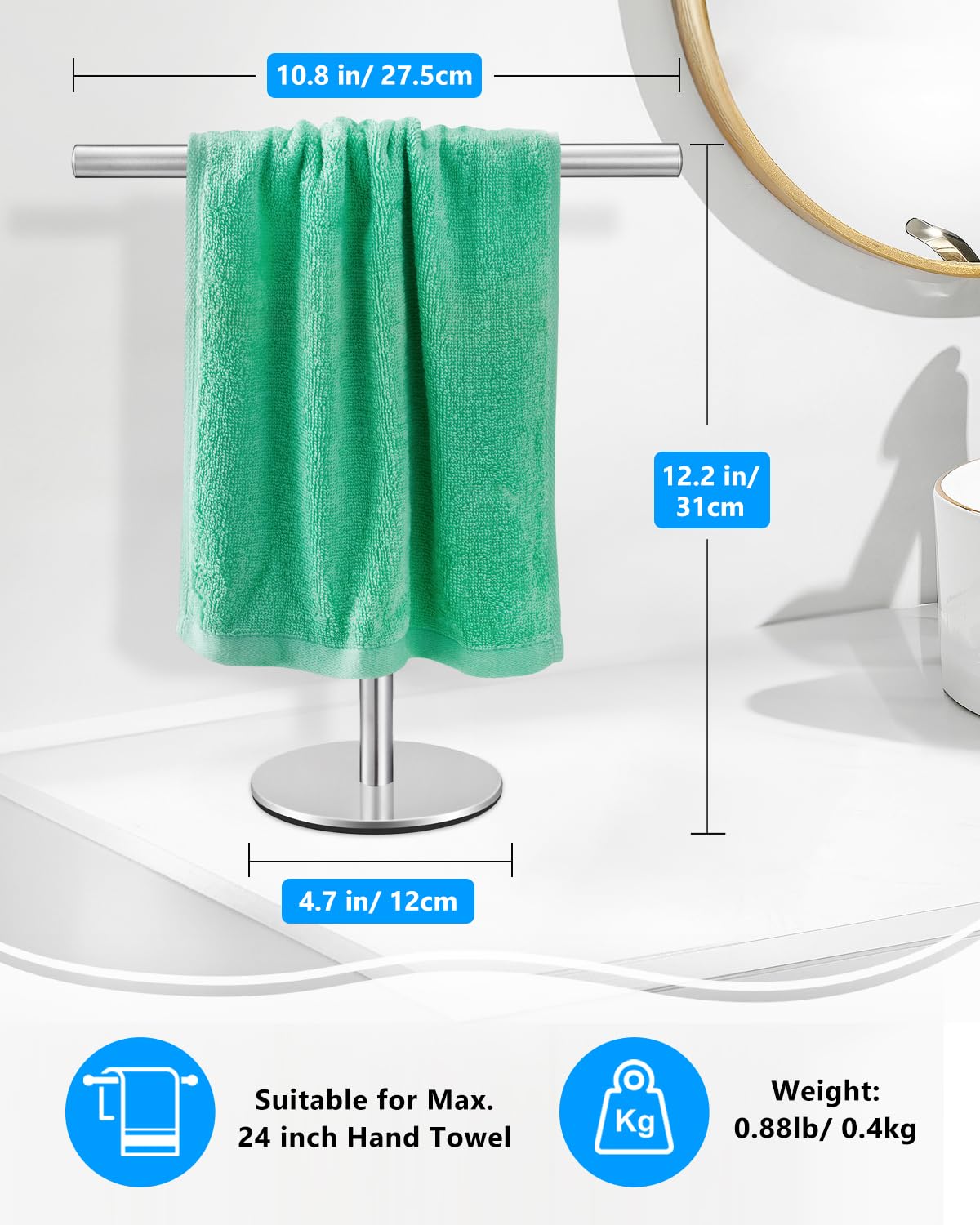 Standing Hand Towel Holder, T-Shape Towel Rack Stand, Stainless Steel Towel Bar for Bathroom Kitchen Vanity Countertop, Nickel