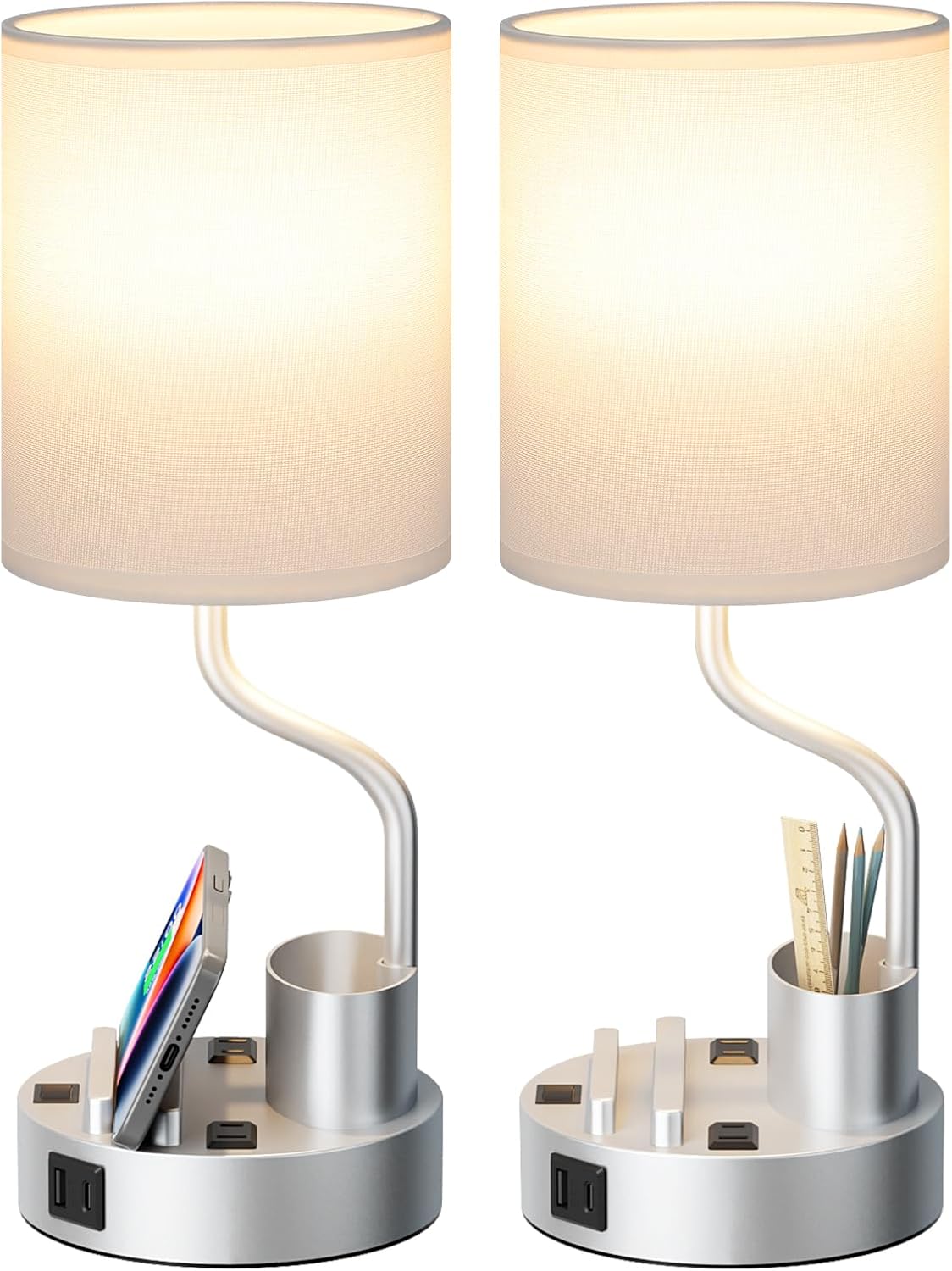 Set of 2 Bedside Table Lamps with USB & AC Outlet - 3 Color Temperatures, Desk Light & Phone Stand for Bedroom, Living Room, Office