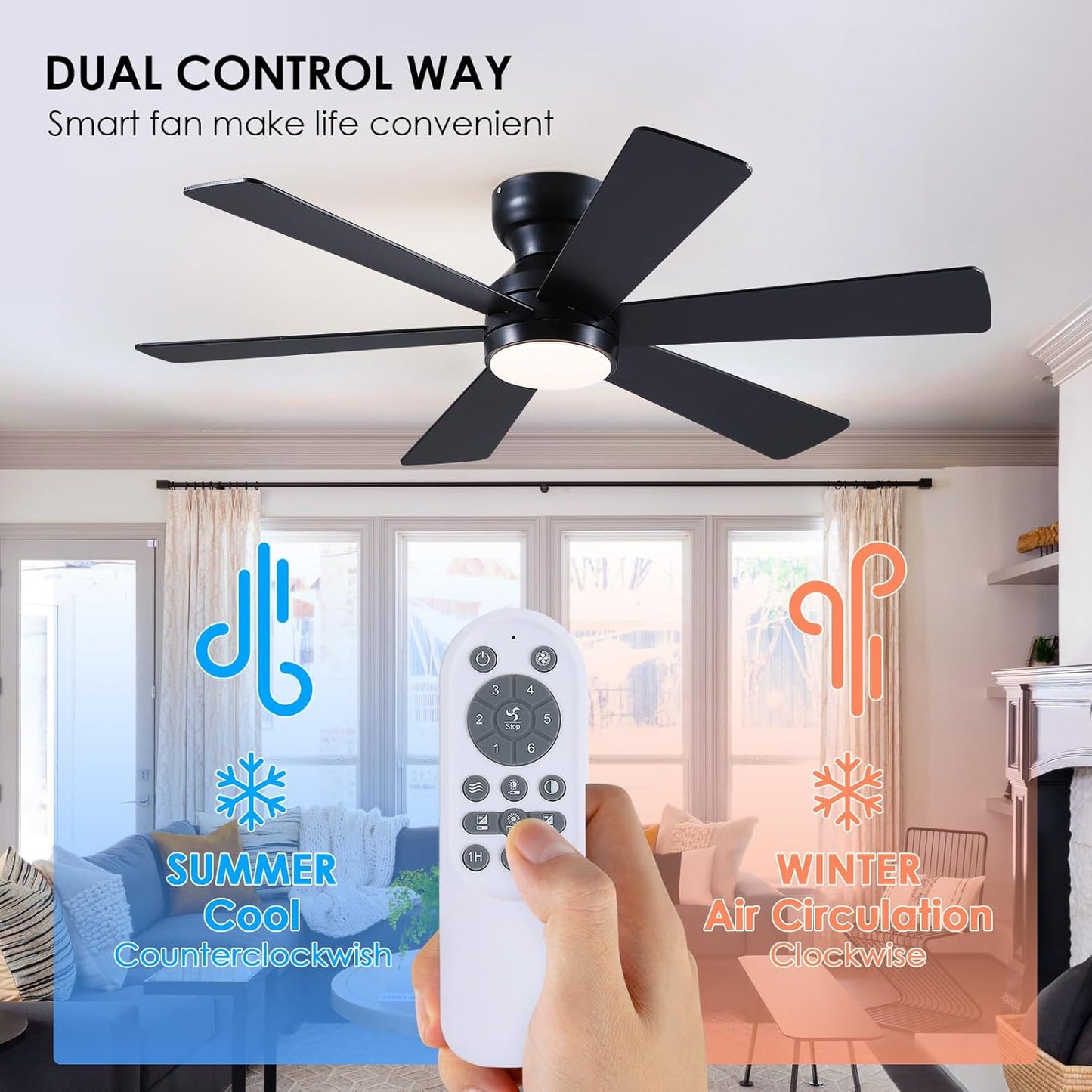 46” Black Low Profile Ceiling Fan with Lights & Remote Control - Dimmable, Noiseless, Reversible for Bedroom