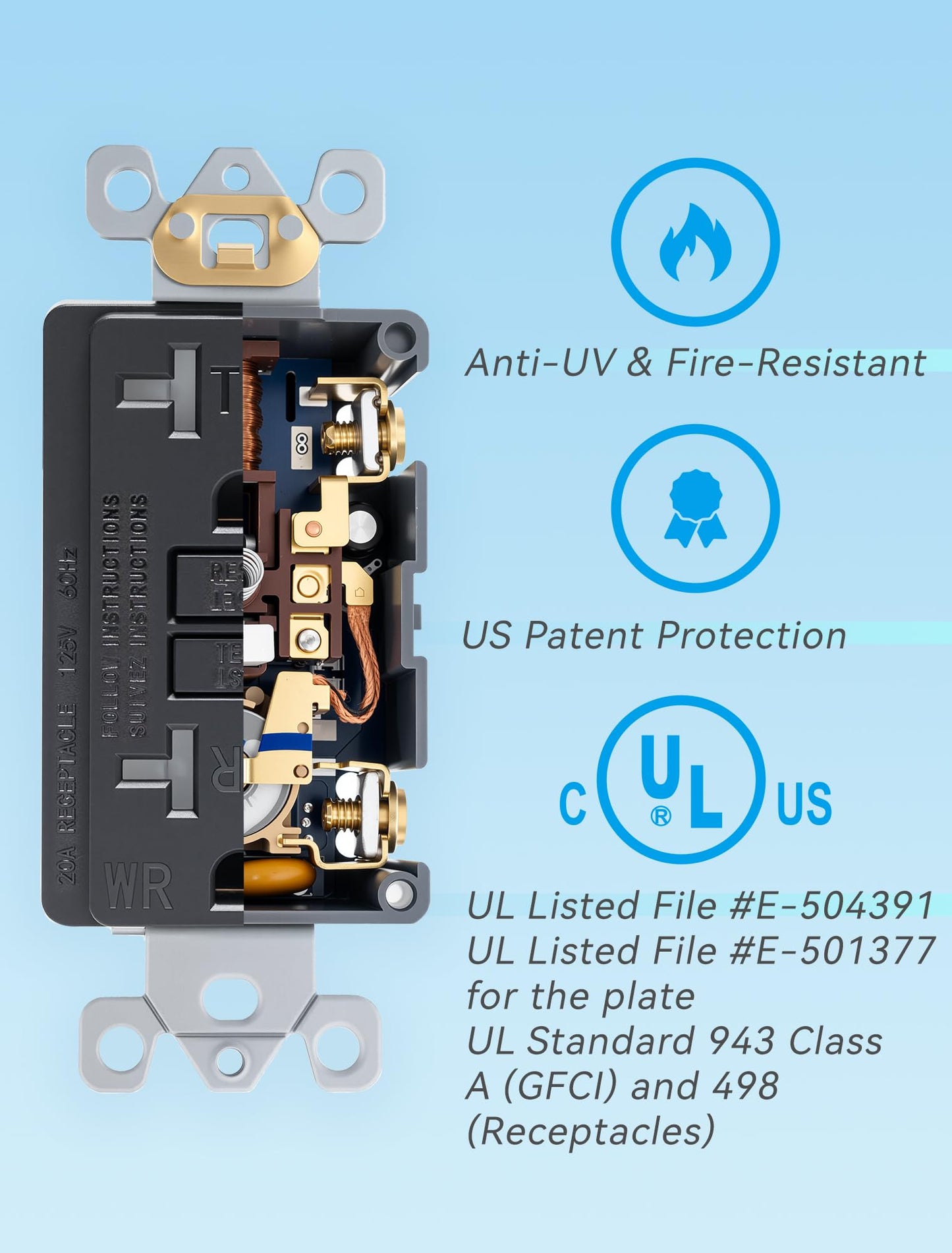 1-Pack 20 Amp GFI Electrical GFCI Outlet Self-Test Tamper Resistant (TR) Weather Resistant (WR) Ground Fault Receptacle with LED Indicator UL Listed Standard Wall Plate Included Black