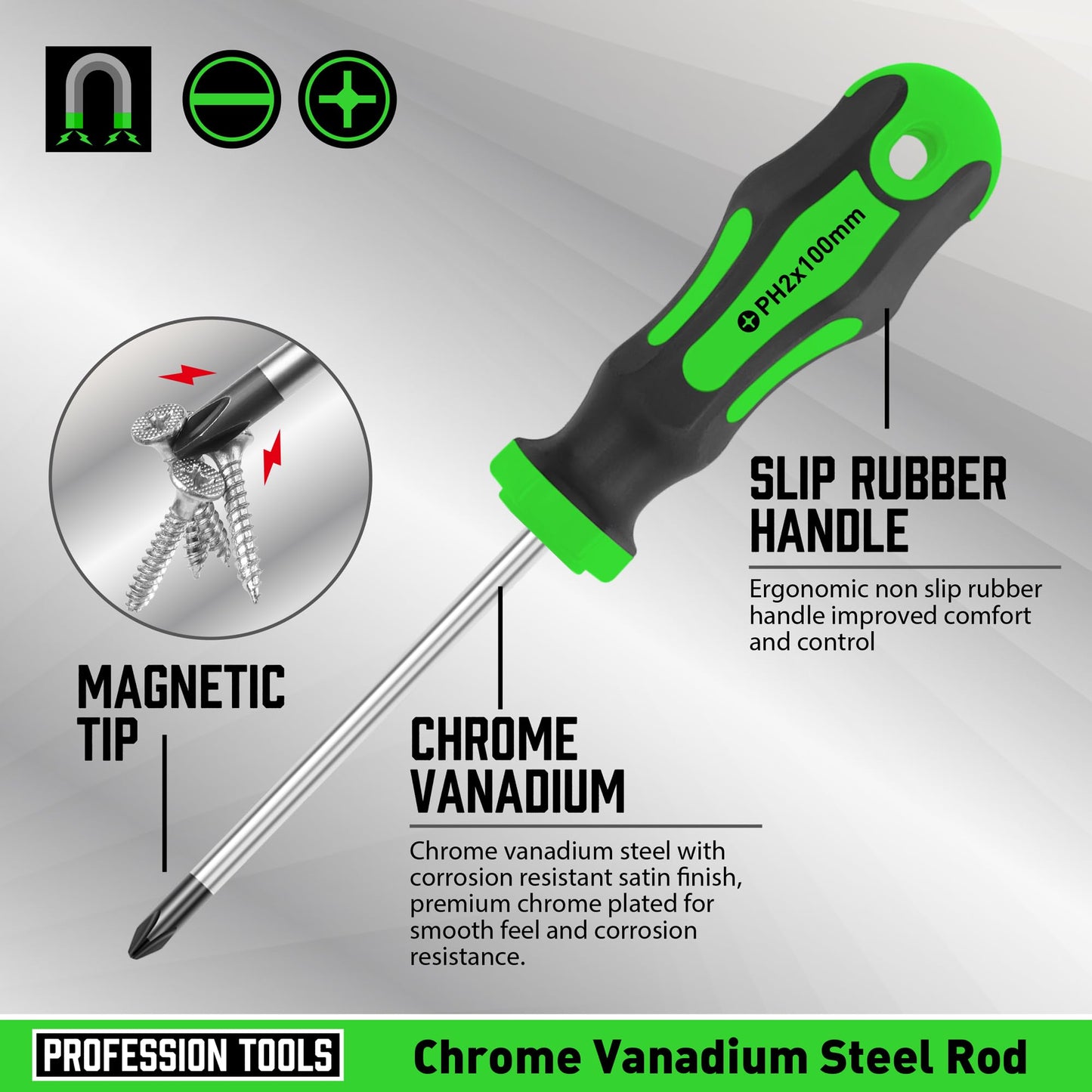 Amartisan 10-Piece Magnetic Screwdrivers Set, 5 Phillips and 5 Slotted Tips Professional Cushion Grip Screwdriver Set 2pcs Portable Multifunction Key Mini Screwdriver (Green)